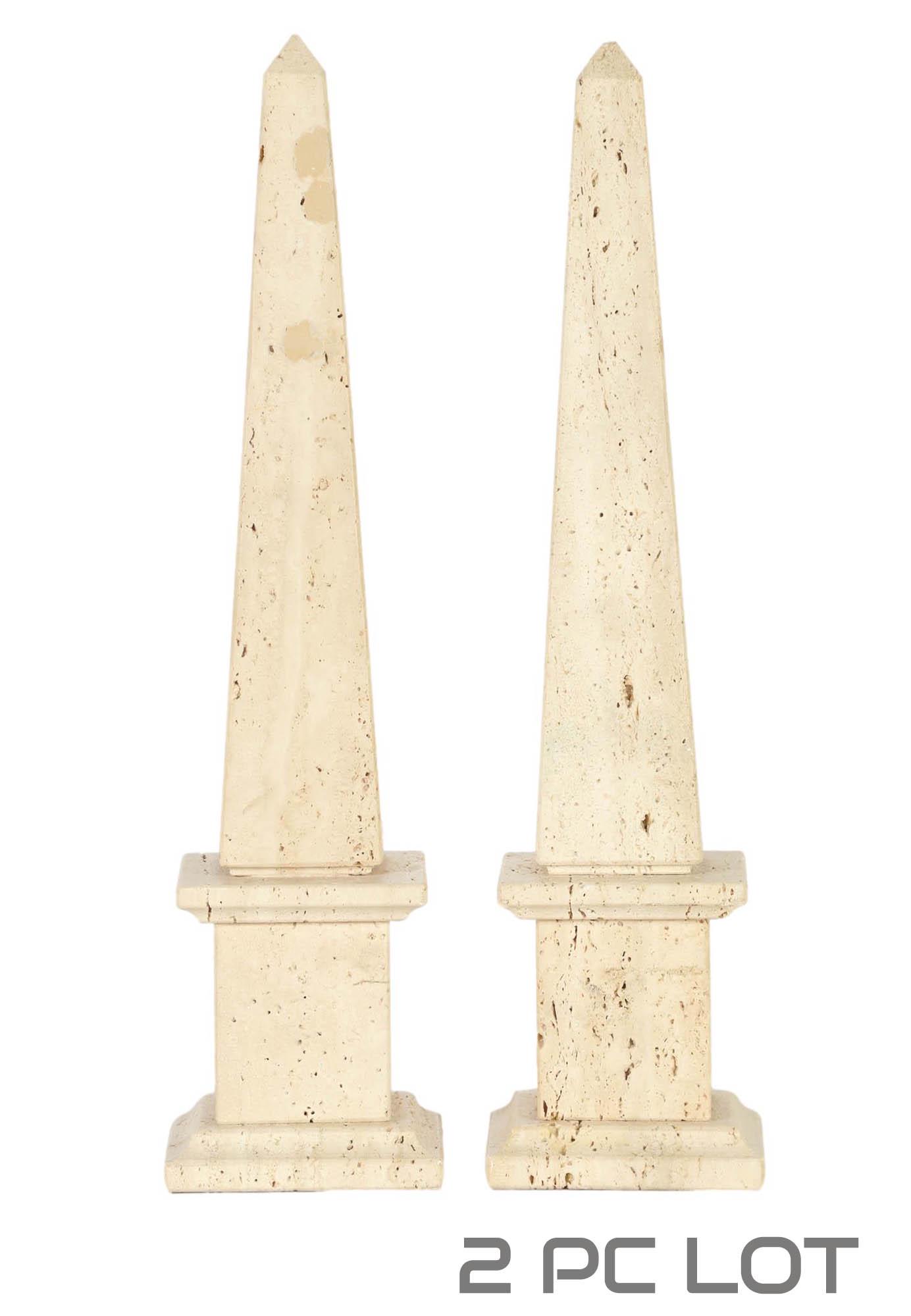 Italian Marble Pyramid Obelisk Desk Sculptures PR: 20th century home interior decorative objects d'art. Modeled as obelisk pyramids with a matte finish with a pitted / dug out appearance. Measure 16" x 3 7/8". Signed ~ stamped Fine Marble Base Made in
