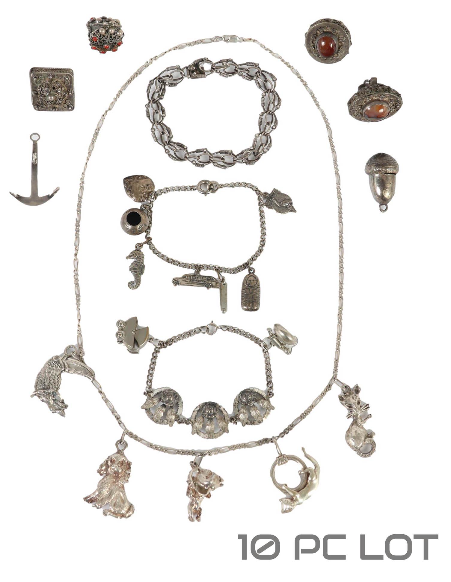 Sterling Silver Charm Bracelet Necklace 10pc LOT: Estate collection of sterling silver 925 loose charms, charm bracelet and charm necklace. Includes 6 loose charms, 2 charm bracelets, 1 bracelet and 1 charm necklace. Charms measure from 1" - 1 1/2".