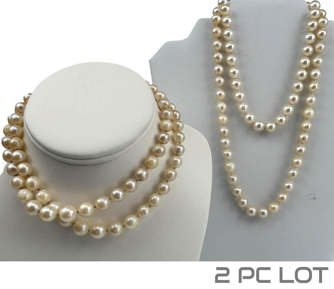 Salt Water White Akoya Round Pearl Necklace LOT: 3 x pearl necklace with sterling silver 925 closures. All hand knotted. Includes ~ 1 x double strand choker. 2 x necklaces. Measure from 13" - 18 1/2". Pearls measure approximately 7mm - 9mm. Signed ~