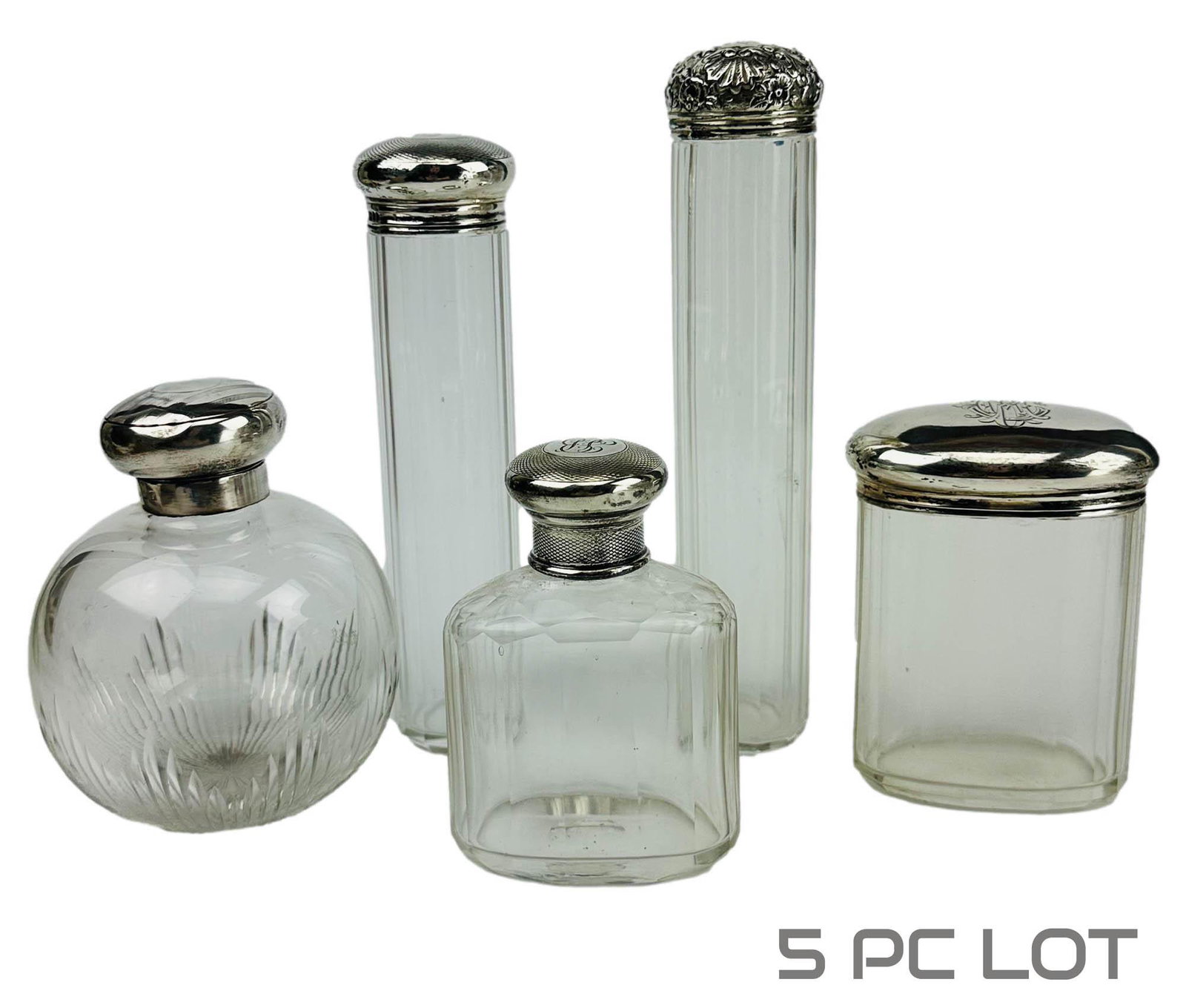 Antique English Silver & Glass Jar Bottle 5pc LOT (1 of 3)
