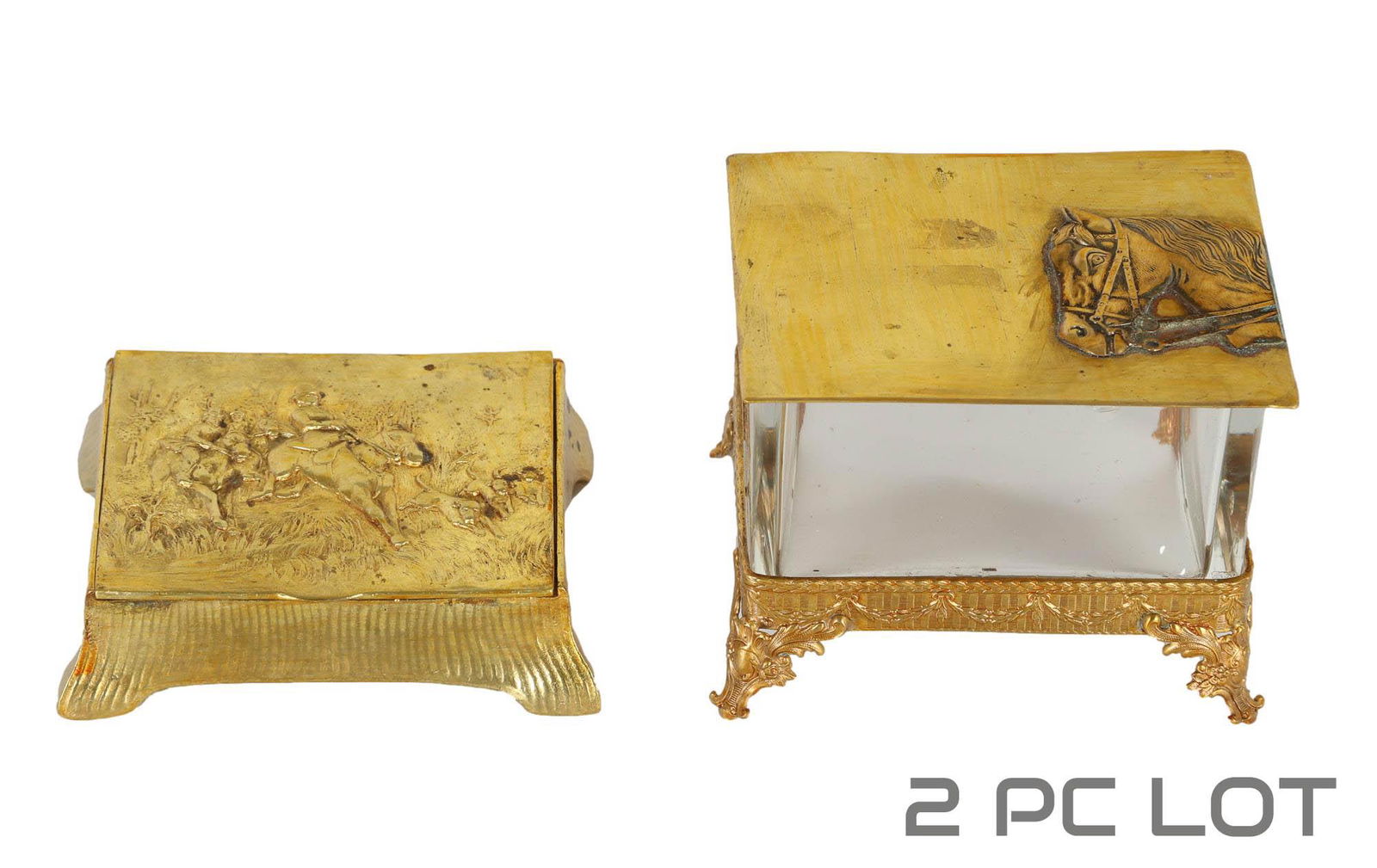 Antique Dore Bronze And Glass Horse Relief Box LOT (1 of 5)