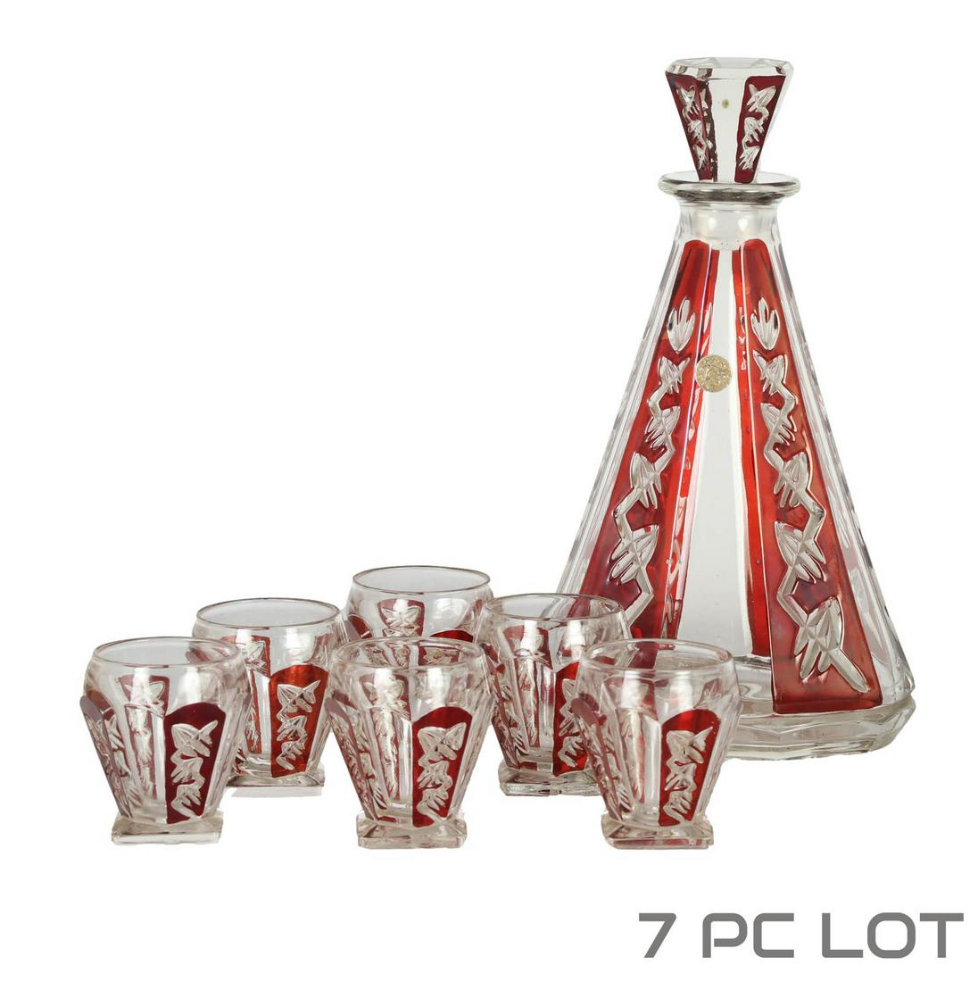 Bohemian Czech Glass Decanter & Six 6 Cordials SET (1 of 6)