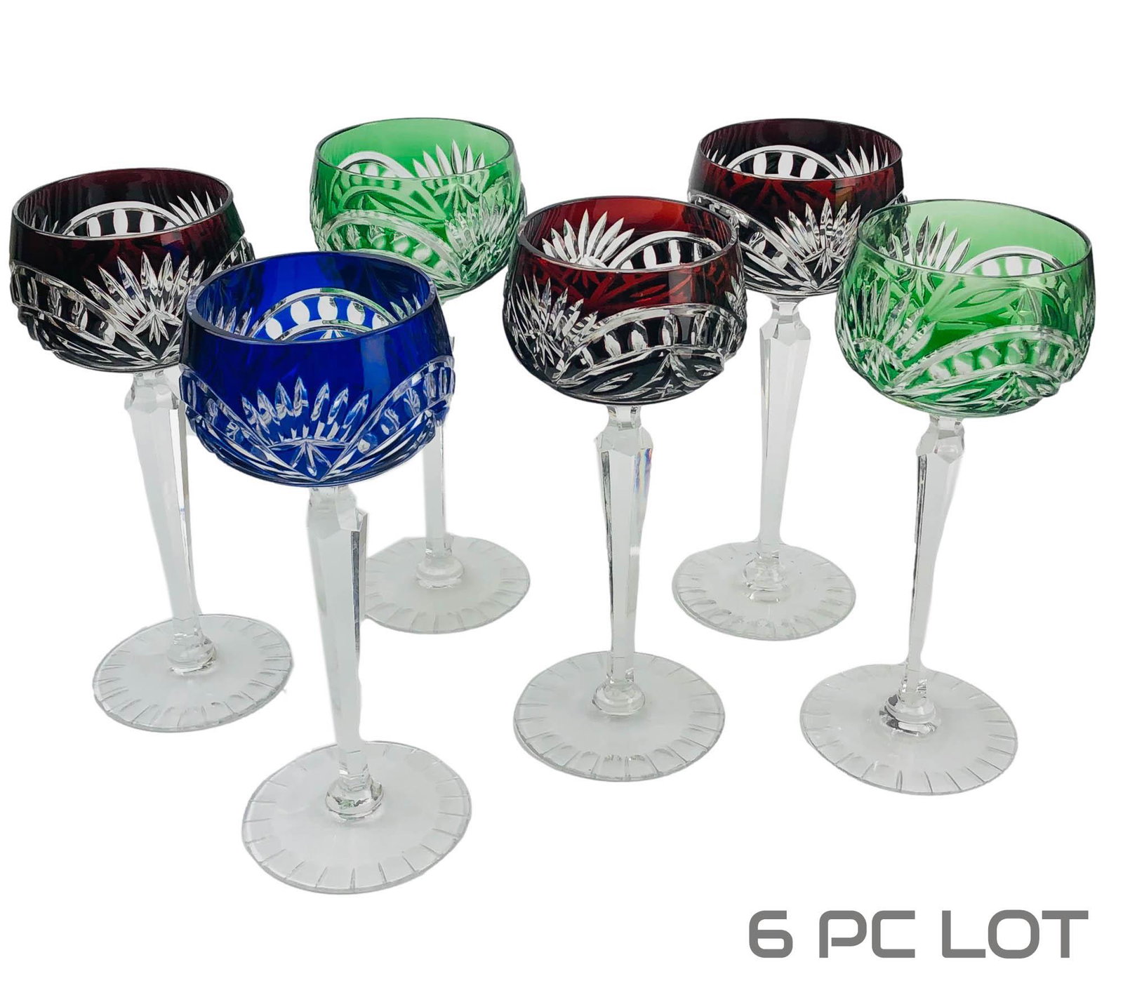 Bohemian Czech Cut Clear Barware Wine Goblet 6pc: 20th century European origin handcrafted cut crystal art glass bar barware wine hock goblets. Modeled in the cut to clear pattern, the bowls with either an emerald green, cobalt blue or cranberry red 