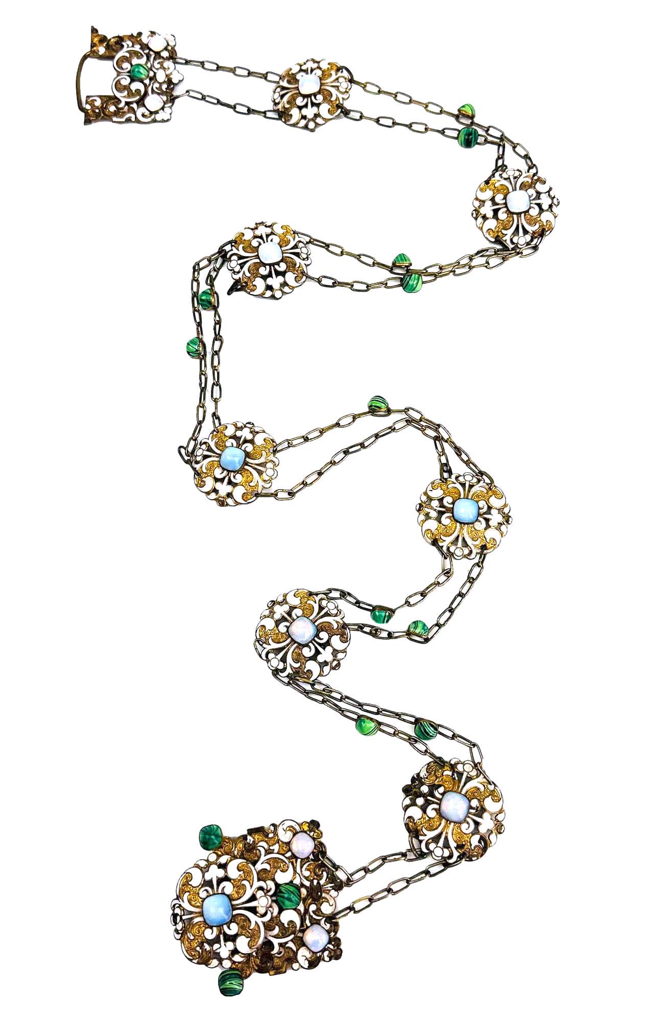Renaissance Revival Czech Enamel & Gemstone Belt: 20th century handcrafted ladies / women's belt. Composed of a total of 7 rosette forms with scroll designs with enamel accents, the centers with opalescent glass cabochons. The opposite ends with simi