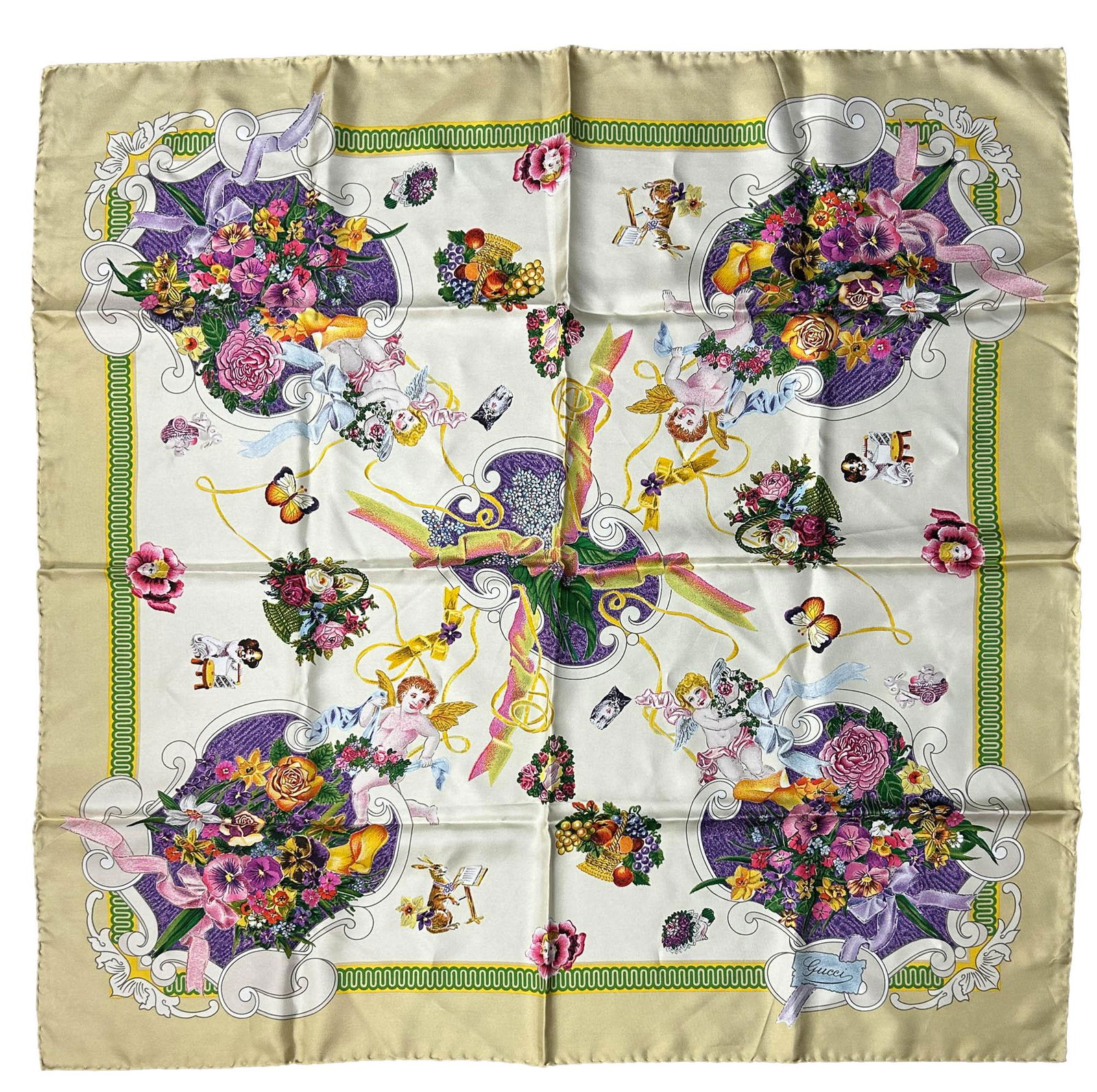 Gucci Cherub Dog Rabbit Butterfly Rose Silk Scarf (1 of 7)