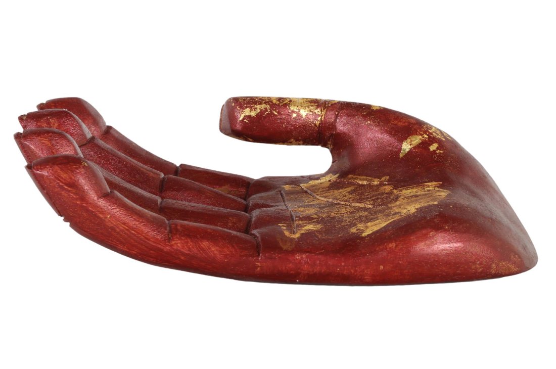 Oversized Carved Wood Gilded Indonesian hand: An outreached wooden carved hand painted in a deep metallic red and partially gold gilded. Oversized and detailed having nails and wrinkles. Bears "Made in Indonesia" sticker to backside. Dimensions: 