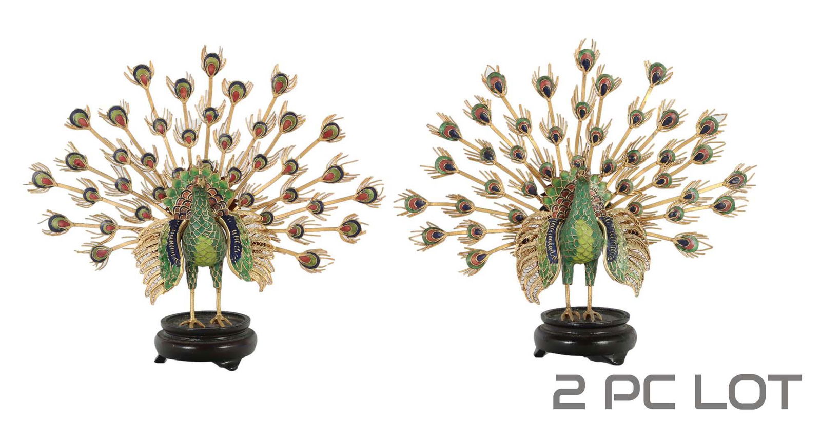 Chinese Gilt Brass & Enamel Peacock Birds 2pc LOT (1 of 5)