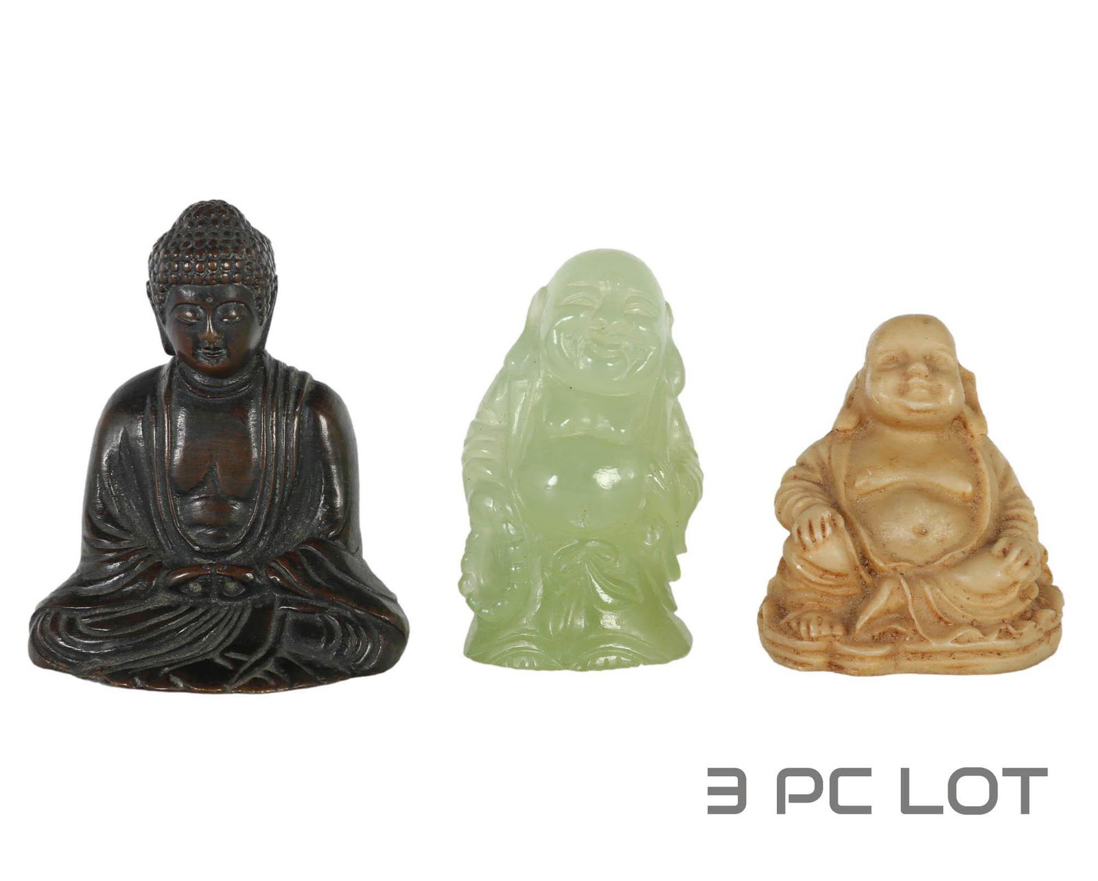 Three Buddha Figures of Bronze Glass and Resin (1 of 4)