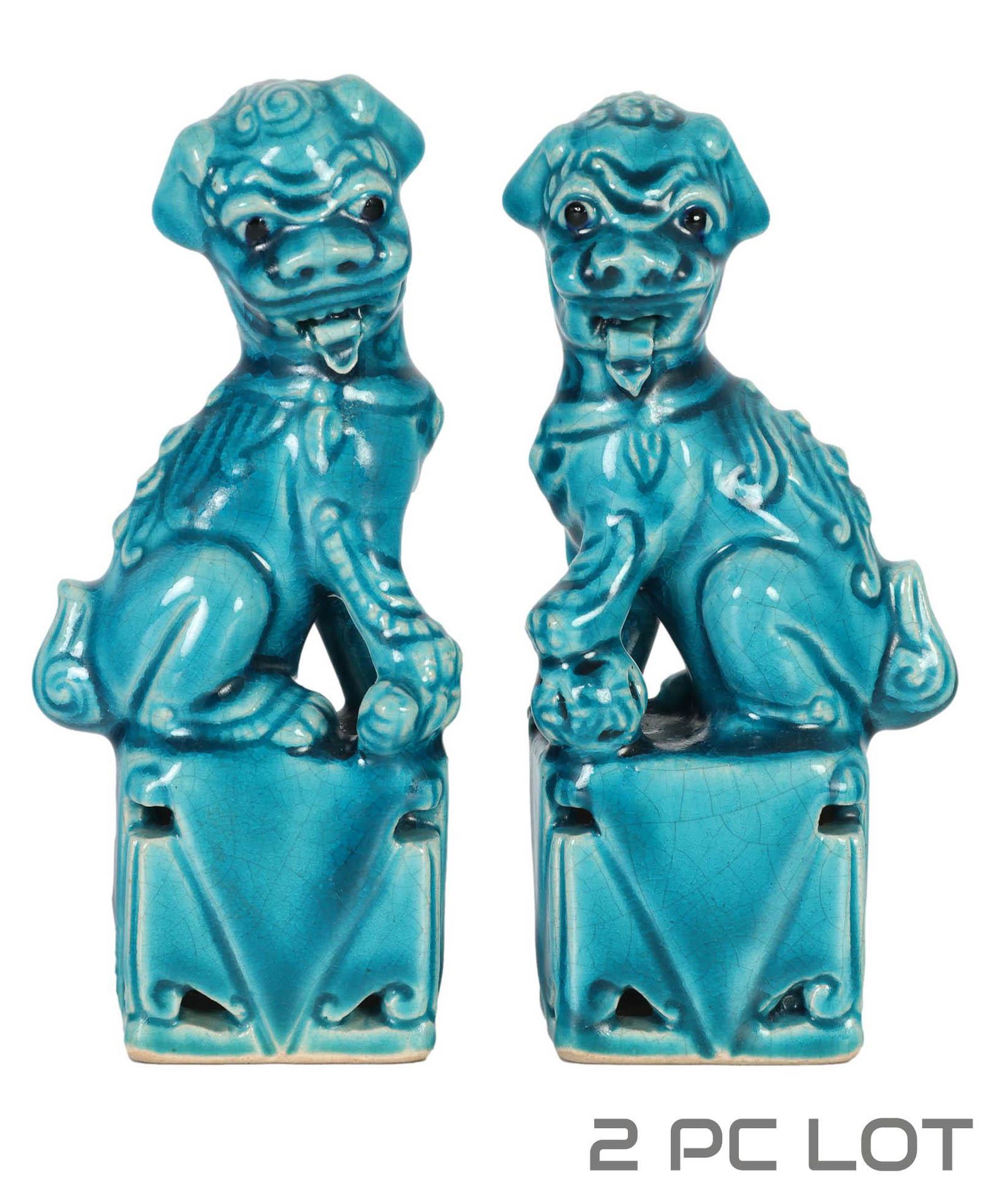 Chinese Turquoise Blue Glazed Foo Dog Statues PAIR (1 of 5)