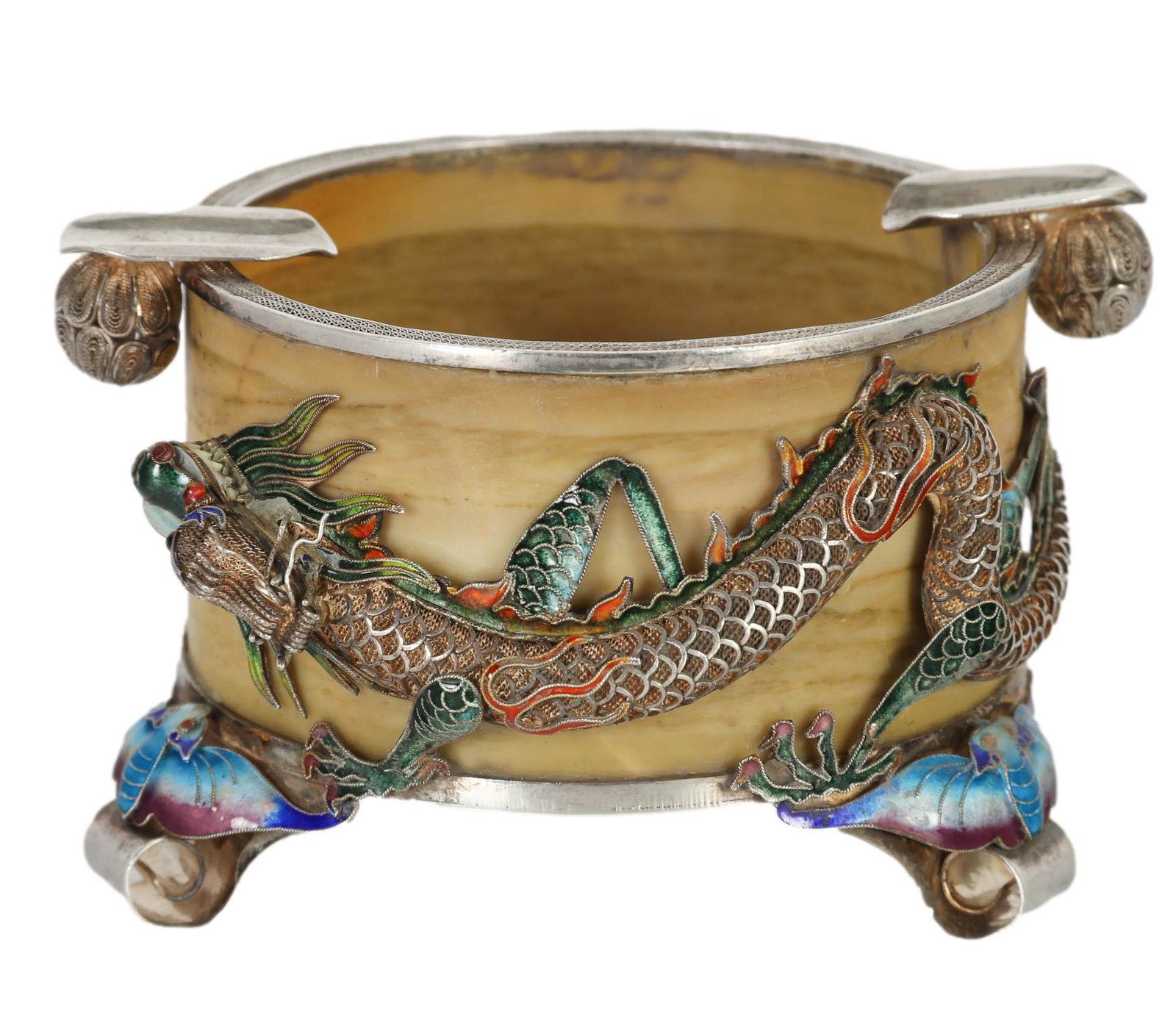 19C Chinese Enameled Silver Onyx Dragon Ashtray (1 of 4)