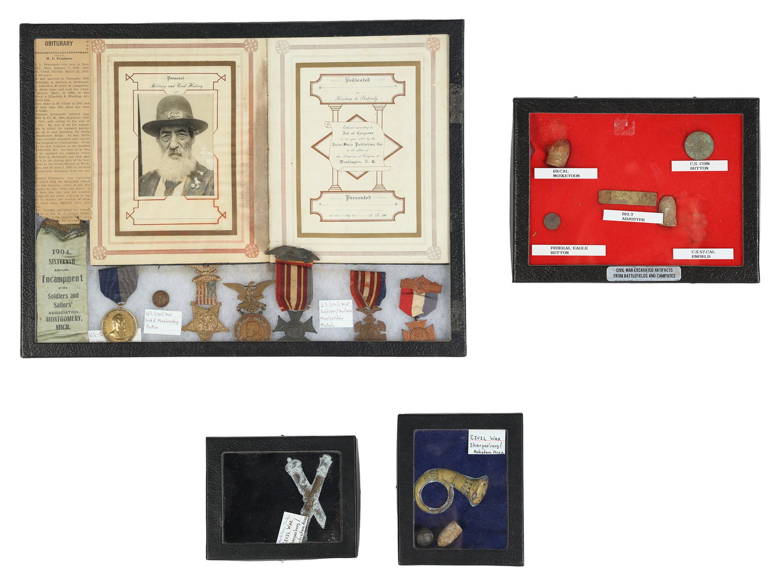 U.S. Civil War Antique Medals Artifacts and Badges: An estate collection with 19 relics of the American Civil War (1861-1865). Includes: one (1) shadow box with Union Army infantry bugle cap badge, musket ball, and .57 caliber Enfield bullet excavated
