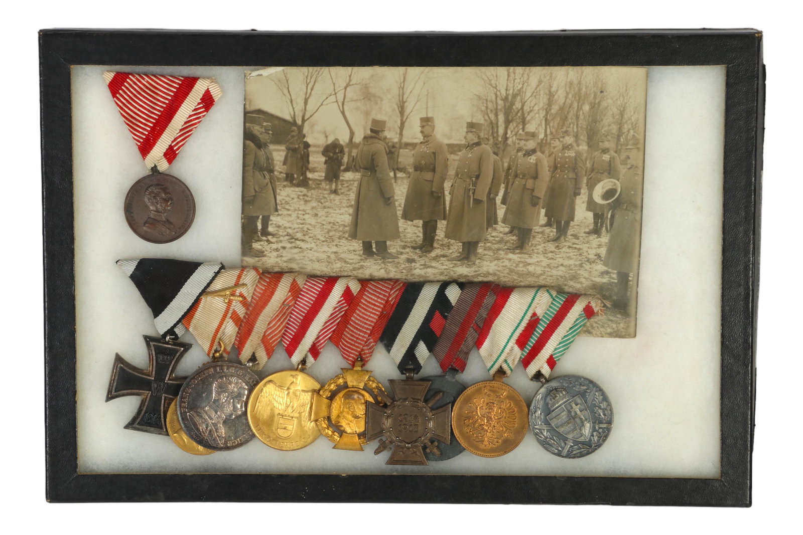 WWI Austro Hungarian and German Military Medal LOT: An estate collection with 10 original First World War Austrian, Hungarian, and German military medals. Includes: one (1) Austro Hungarian Bronze Medal for Bravery affixed to ribbon; one (1) German Iro