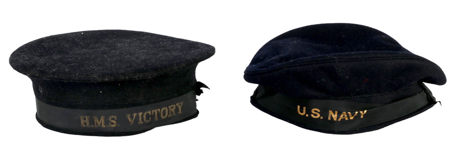 World War I British and American Naval Seaman Caps: An estate collection with two (2) pieces of original early 20th Century First World War era U.S. and British Royal Navy enlisted personnel headgear. Includes: one (1) United States Navy blue cloth cap