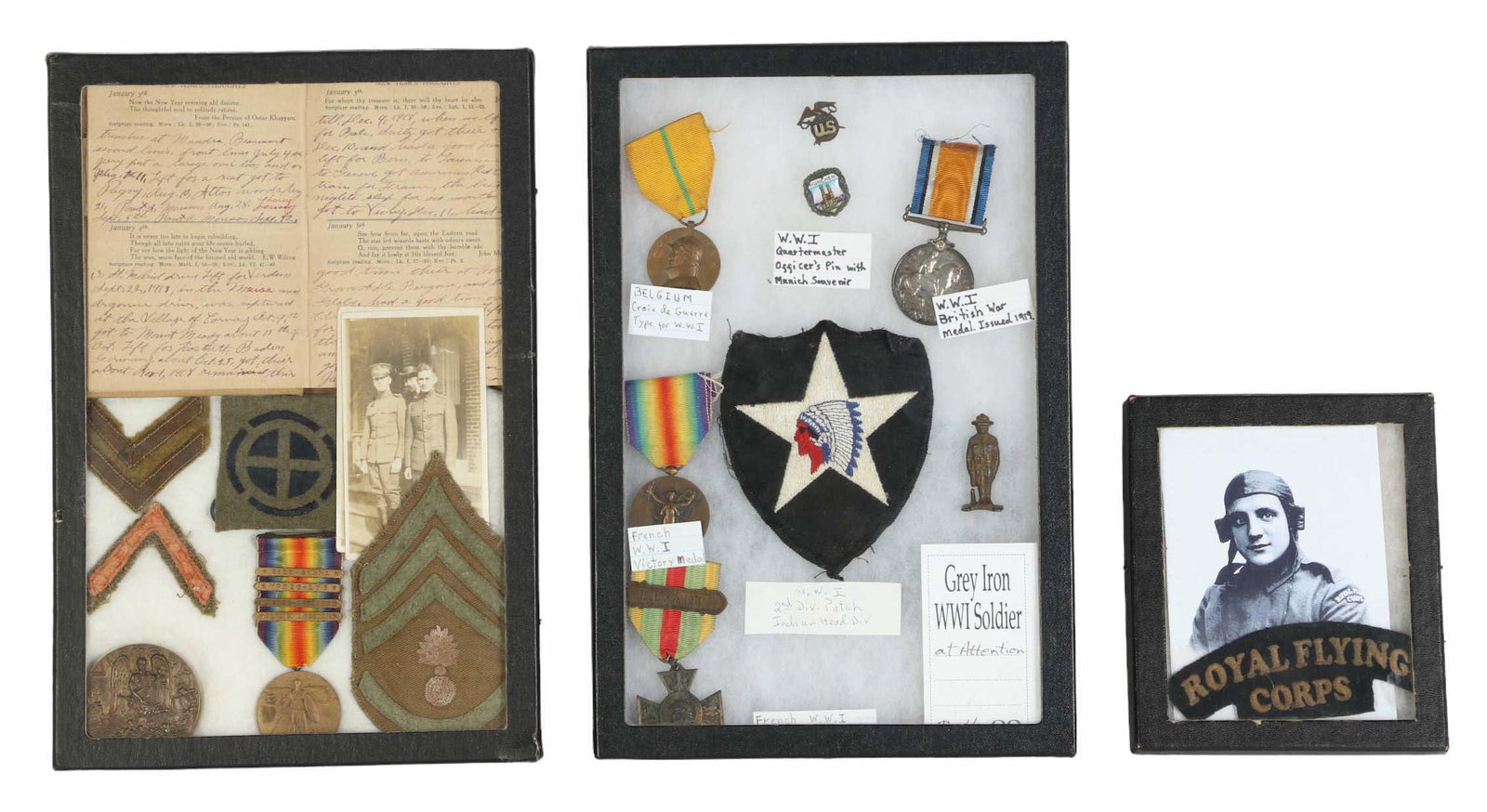 World War I Medals Patches Toy Soldier & POW Diary: A collection of First World War militaria. Includes: three (3) display boxes with one (1) British Royal Flying Corps shoulder patch; one (1) 2nd Division "Indianhead" shoulder patch; one (1)