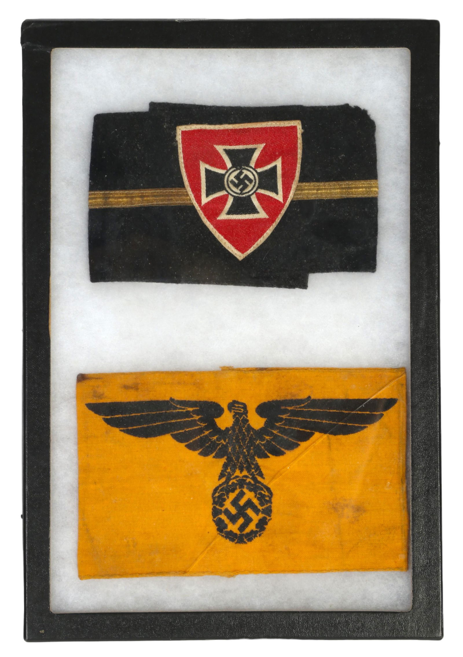 WWII Third Reich State Service & Veterans Armbands: An estate collection with two (2) original Second World War German Third Reich armbands. Includes: one (1) yellow State Service armband, worn by members of other government departments assigned to wor