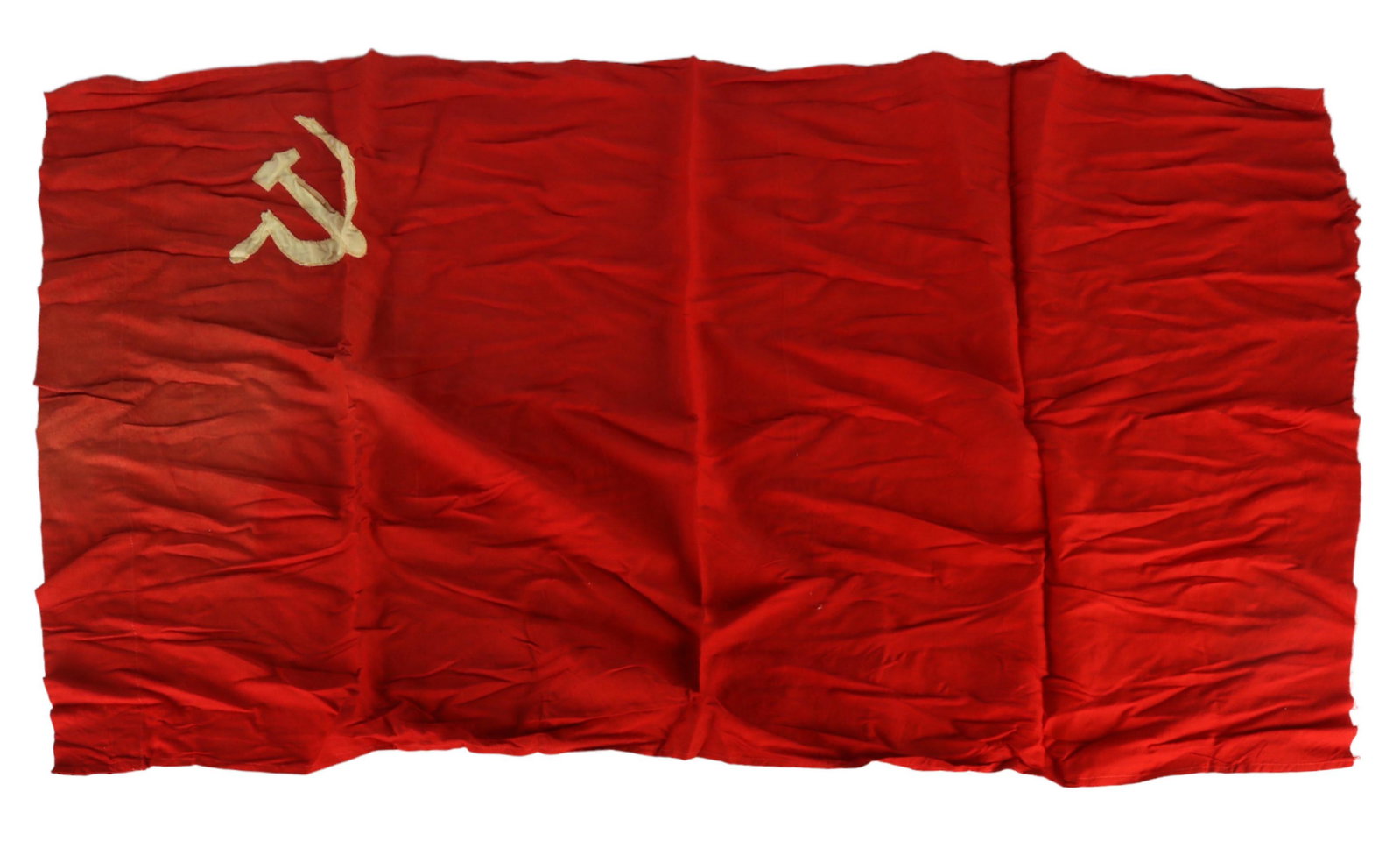World War II Soviet Russian Hammer and Sickle Flag: A Soviet Union flag produced during the Second World era War (Russian: "Great Patriotic War"). Red body with hammer and sickle design to upper left. Ships folded. PLEASE NOTE: MMB Inc, as the sel