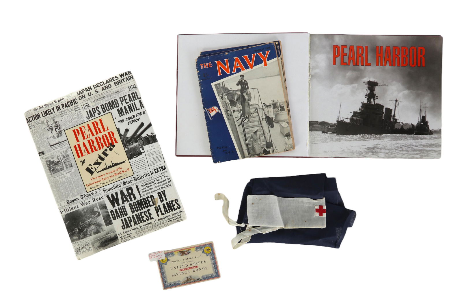 World War II Nurses Hat Savings Bonds Maps & Books: An estate collection of original World War II era artifacts and other items. Includes: one (1) circa 1930 American Red Cross blue fabric nurse's head covering, produced in the early 20th Century style