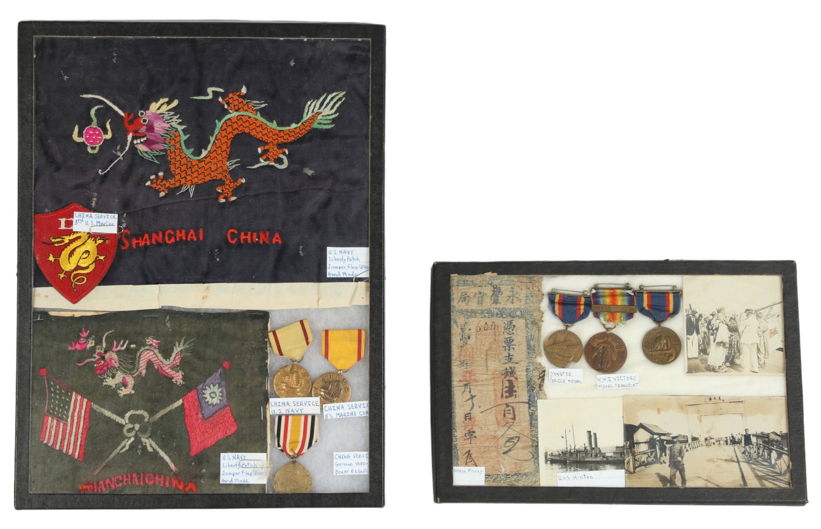 U.S. Navy WWI & WWII Medals Photographs & Patches: An estate collection of early 20th Century predominantly United States Navy relics, including medals, flags, and photographs. Includes one shadow box with antique late 19th Century to early 20th Centu