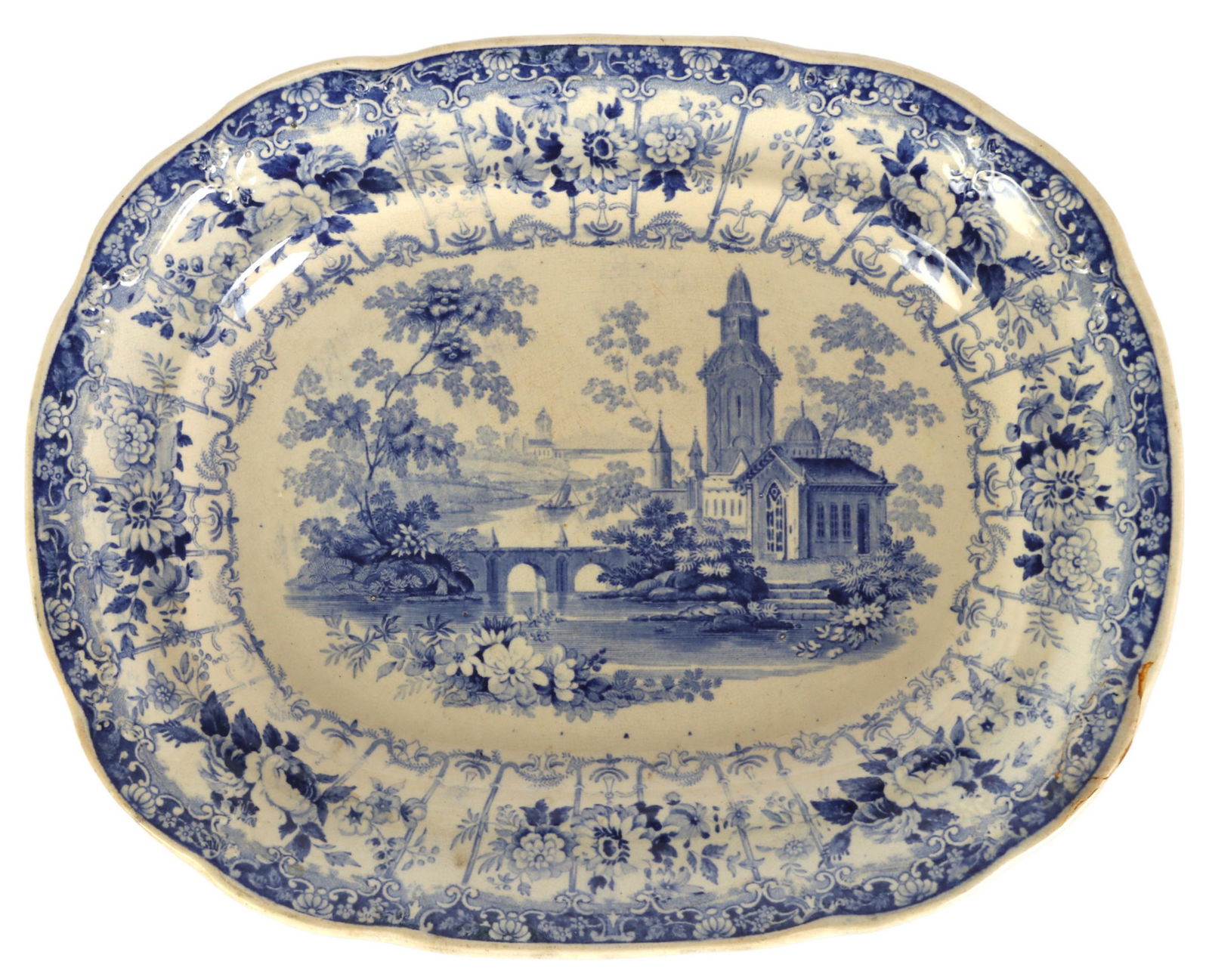 Enoch Wood English 19C Antique Railway China Plate: A mid 19th Century antique English porcelain railroad china serving plate. Produced by Enoch Wood and Sons (Burslem) for their Celtic China series in the Venetian Scenery pattern. Blue transferware pl