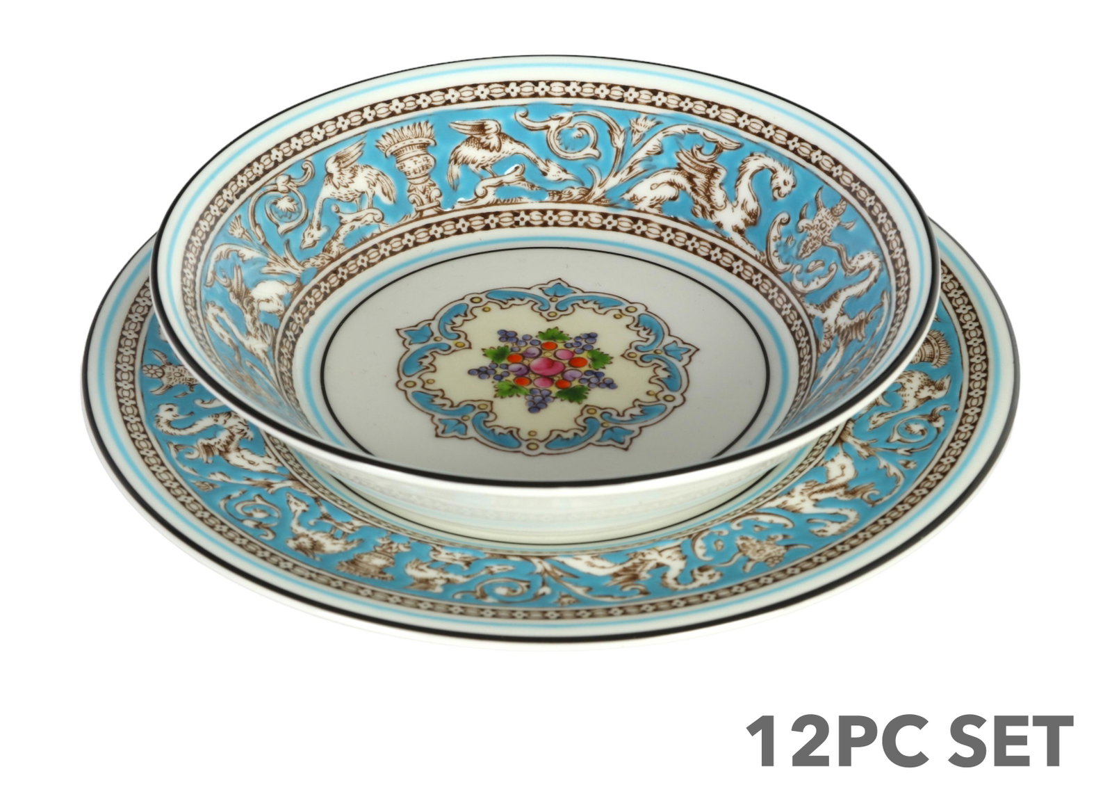 Wedgwood Bone China Florentine Dish & Plate SET 12: An estate collection with 12 pieces of Wedgwood English bone china dinnerware in the Florentine Turquoise pattern. Includes: six (6) fruit, dessert, or sauce bowls, with six (6) matching underplates. 