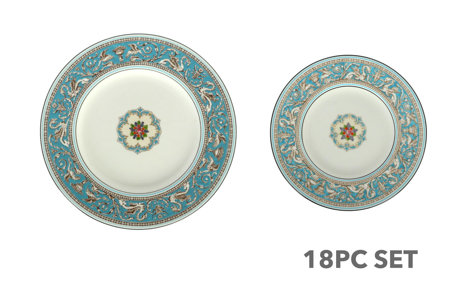 Wedgwood Bone China Florentine Dinner Plate SET 18: An estate collection with 18 pieces of Wedgwood English bone china dinnerware in the Florentine Turquoise pattern. Includes: six (6) dinner plates, with 12 matching salad plates. Enameled turquoise ri