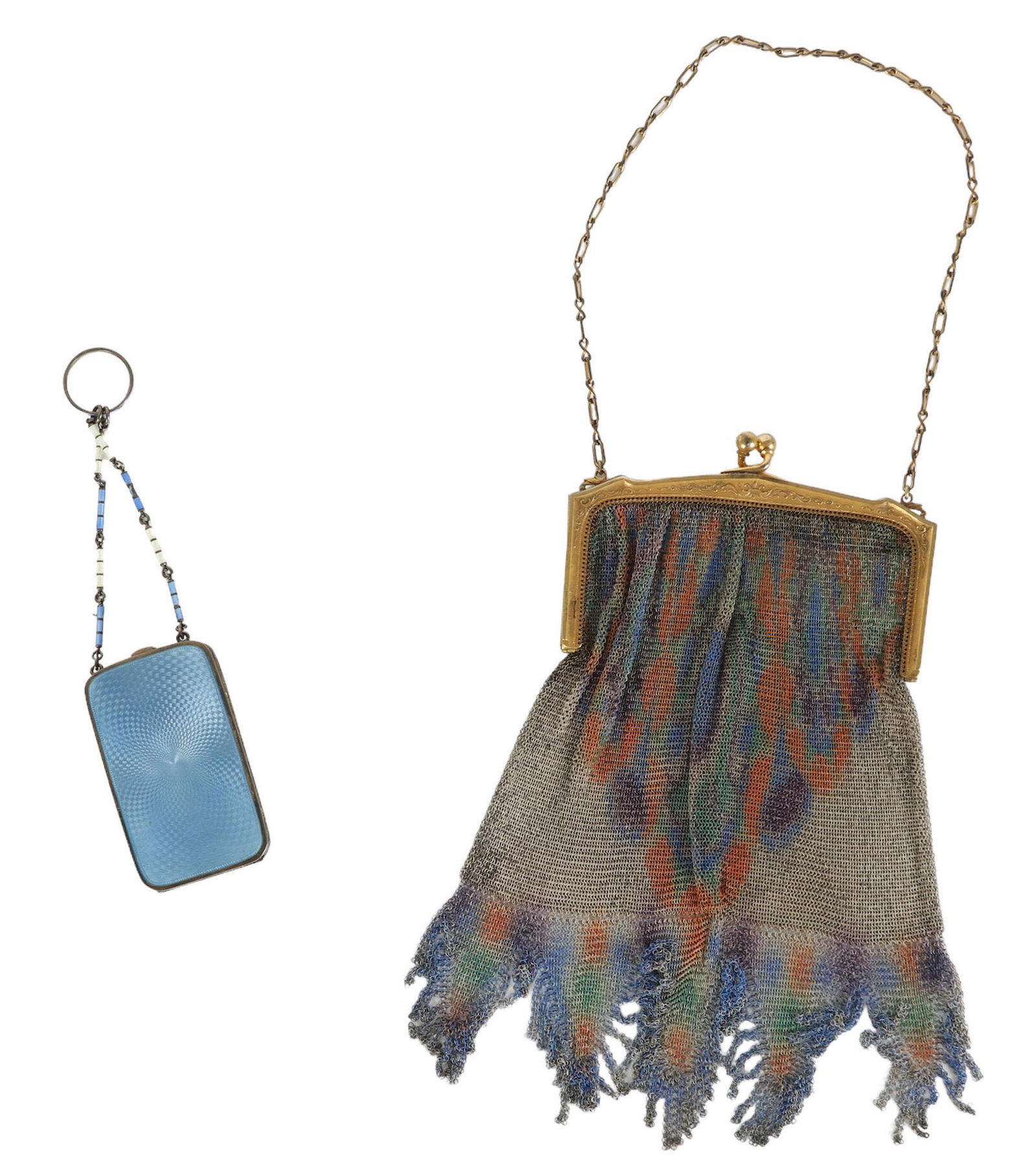 Art Deco Ladies Clutch Purse and Cosmetics Compact: An estate grouping of early Art Deco or possibly earlier ladies toiletry items. Features one mesh clutch purse with colorful abstract design to exterior and elaborate scrolling and flourish design to 