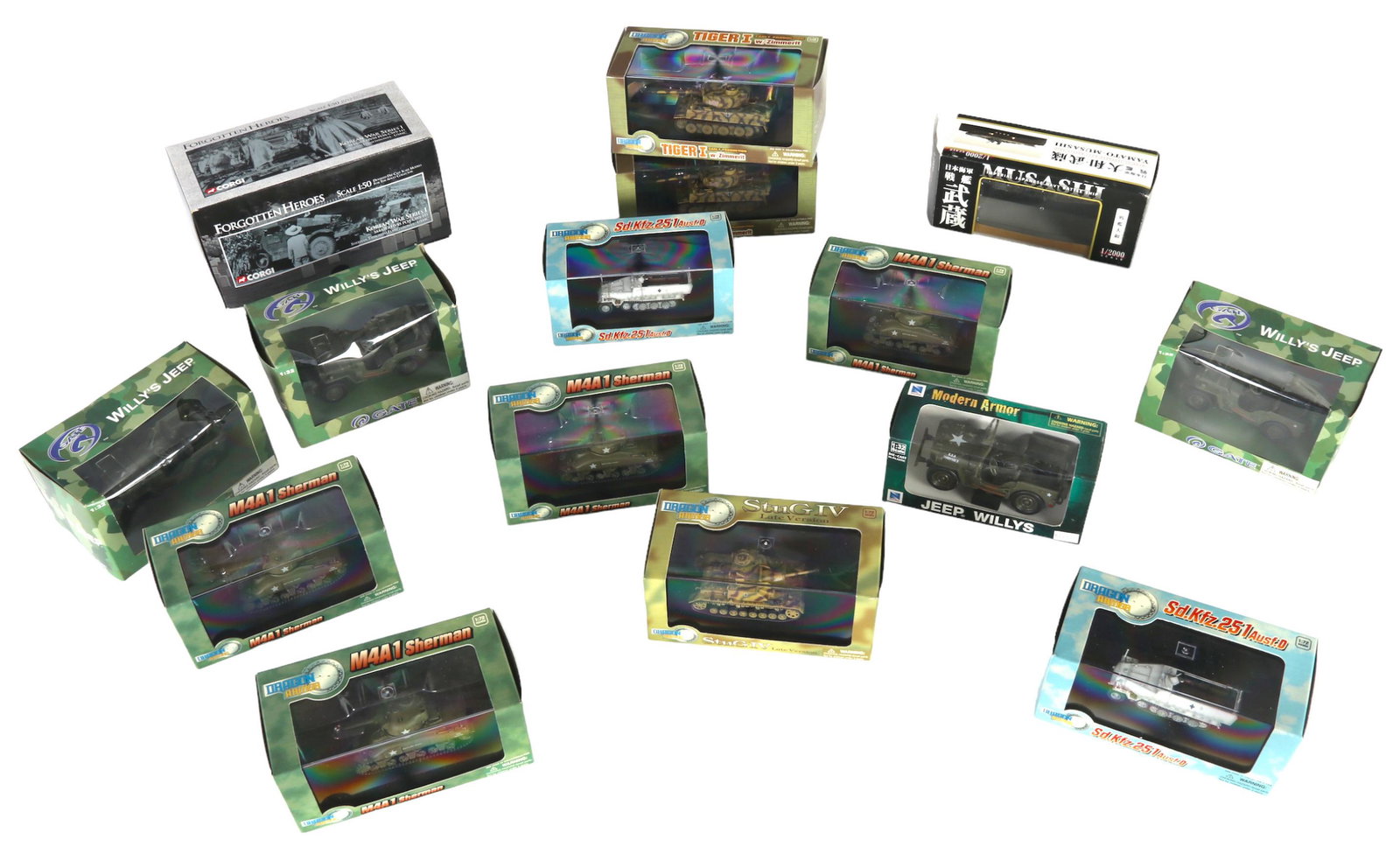 WWII & Korean War Model Armor Tanks Jeeps and Ship: An estate collection with 15 vintage to late 20th Century detailed die cast metal and plastic replica model World War II and Korean War era armored vehicles, including tanks, Jeeps, and a battleship. 