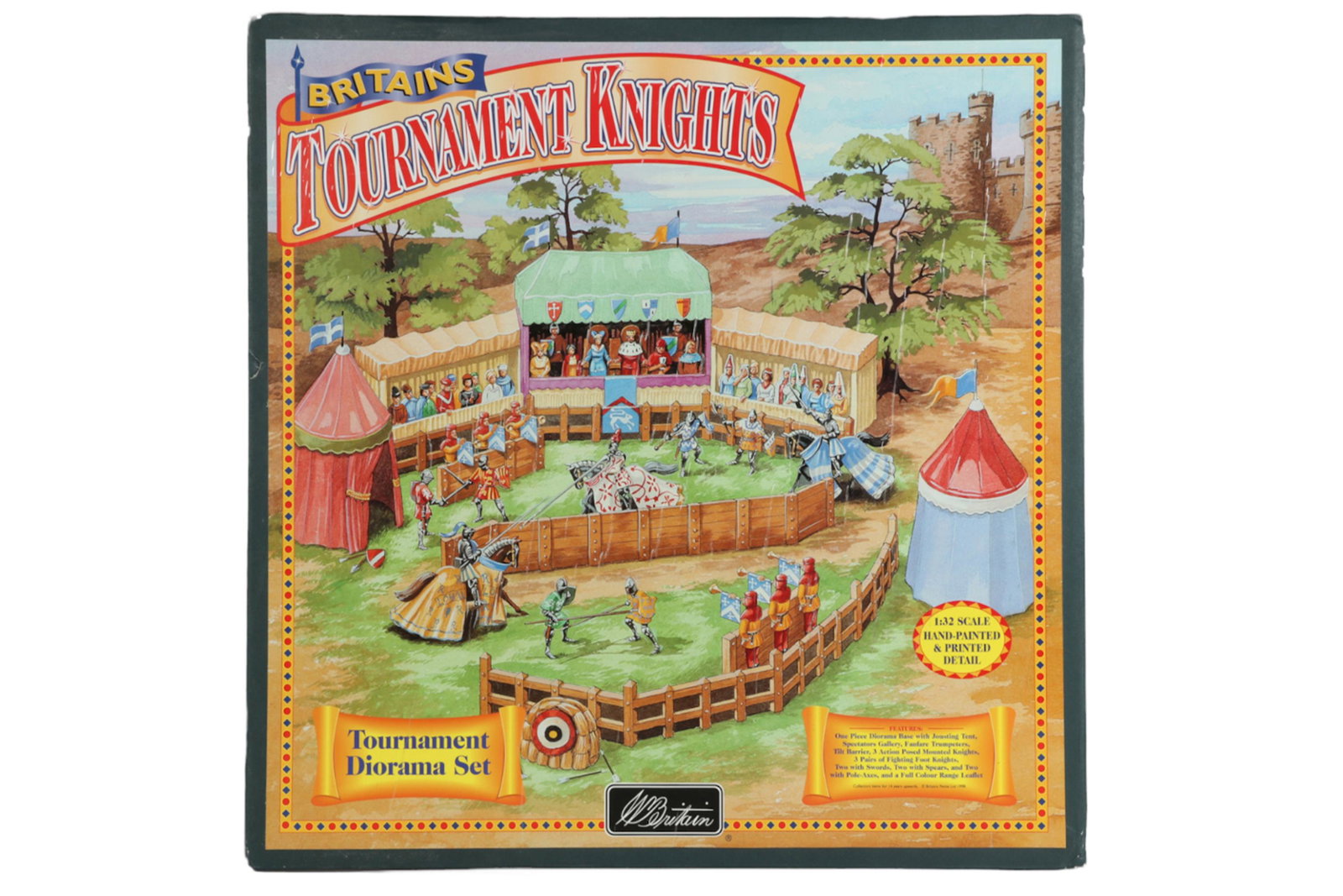 William Britain Medieval Knight Toy Tournament SET: A replica diorama and play set, with mixed media composition figures depicting knights and spectators, and architectural elements at a medieval jousting tournament. Produced 1998 for William Britain a