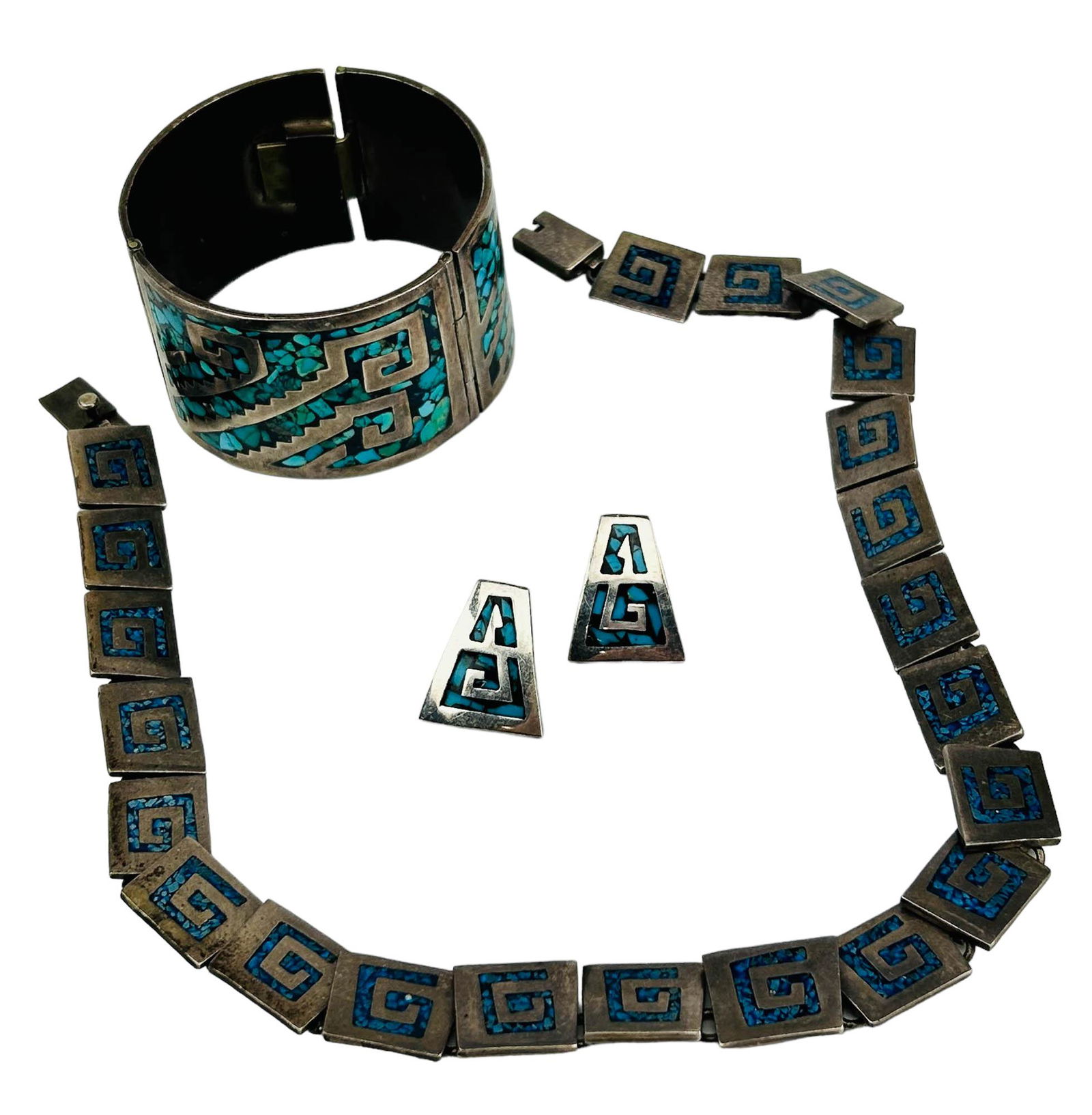 Mexico Silver Turquoise Bracelet Necklace Earrings (1 of 7)