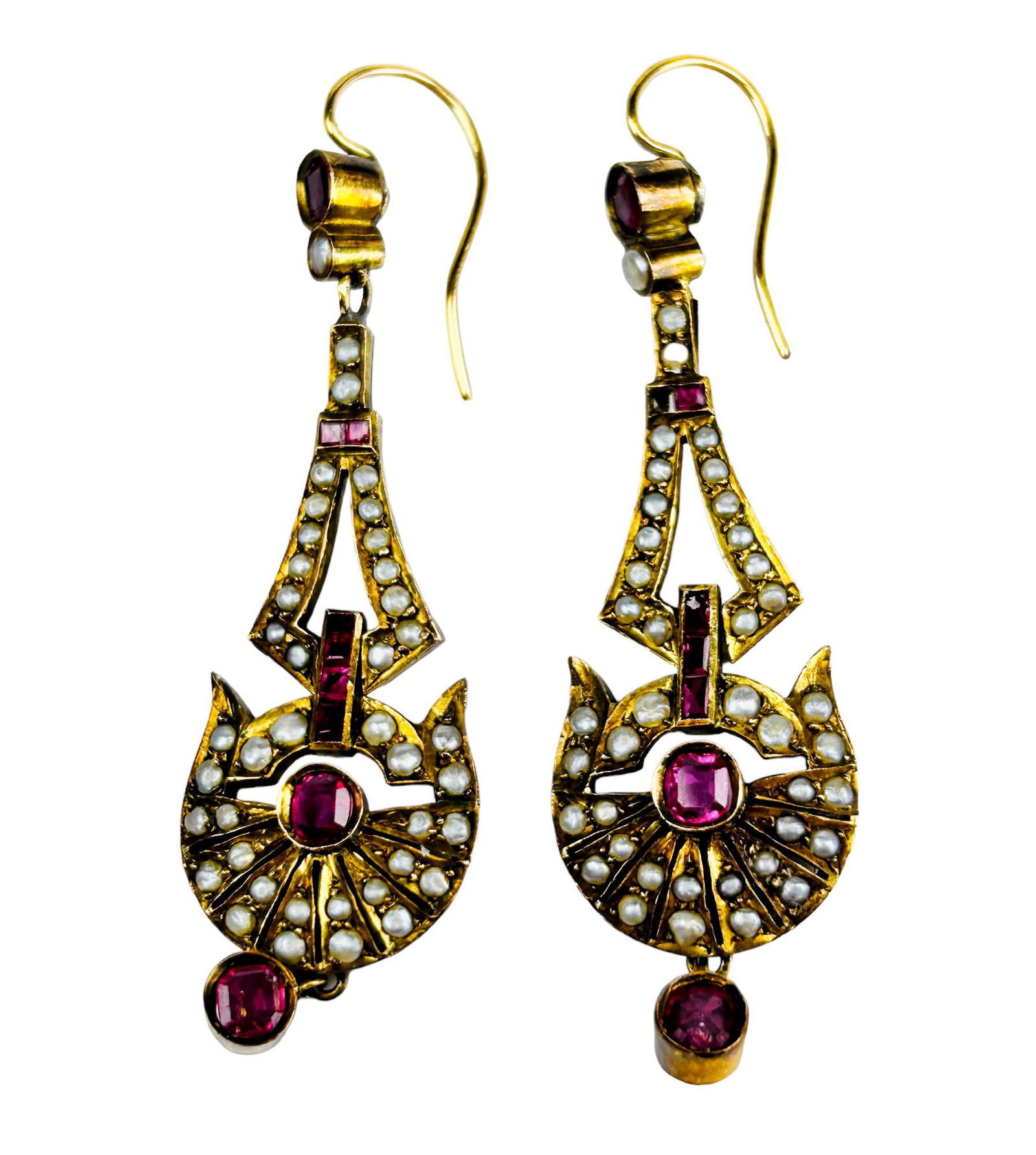 Victorian Gold Ruby Seed Pearl Dangle Earring PAIR (1 of 5)