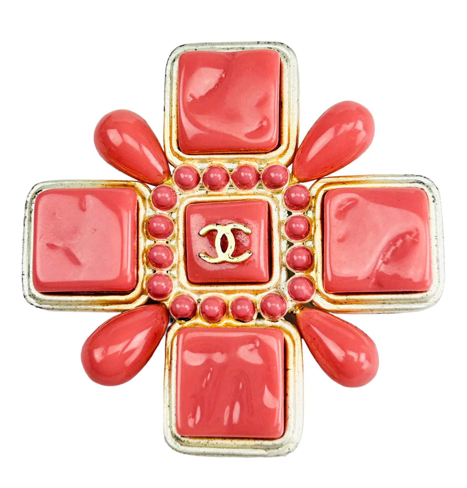 Chanel Pink Enamel Maltese Cross Pendant Brooch (1 of 4)