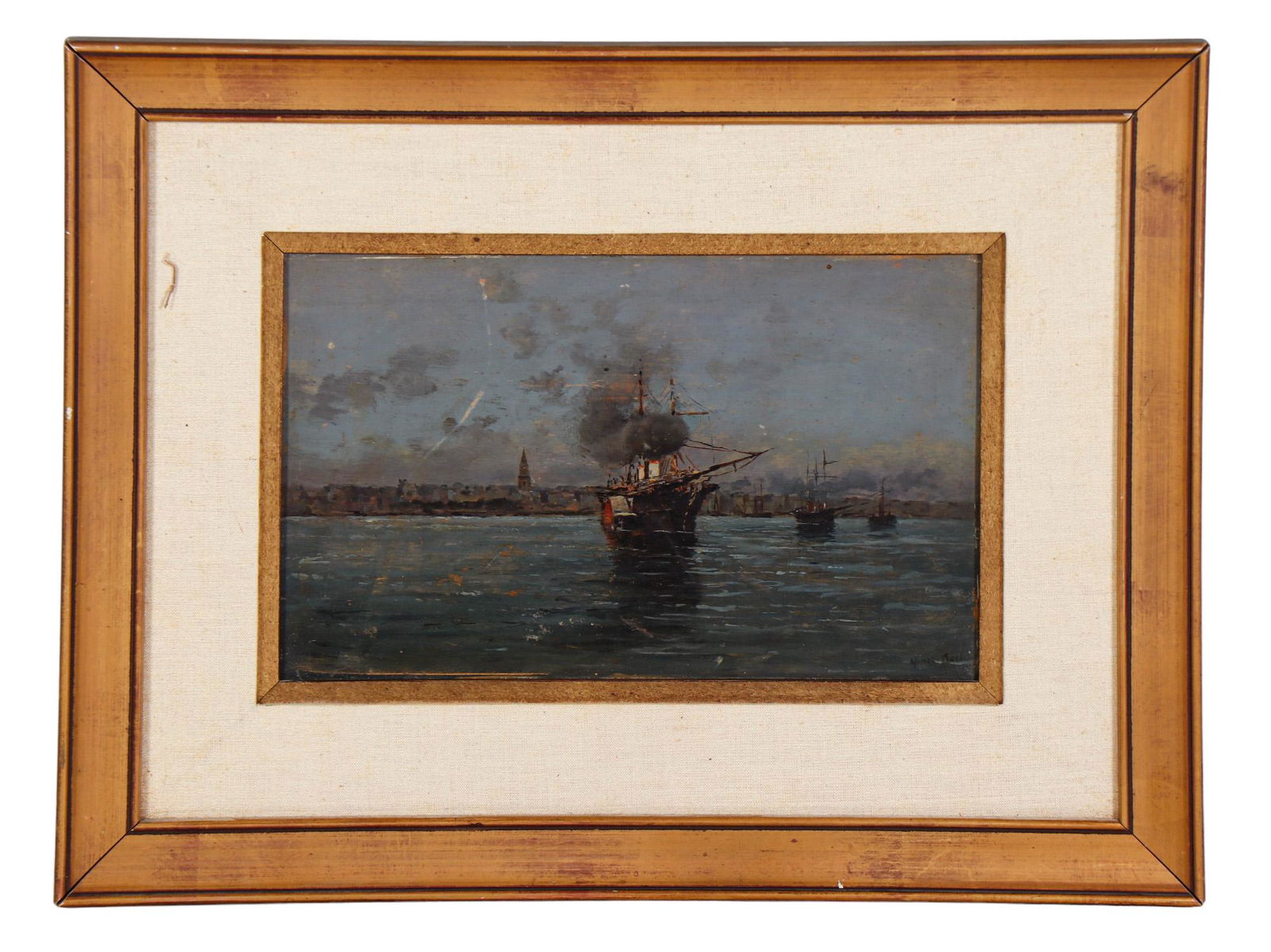Whaling Ship Harbor Landscape Oil Painting SIGNED (1 of 4)