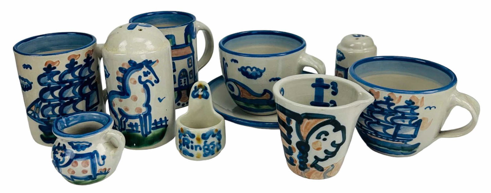 M A Hadley Pottery Cup Mug Creamer Shaker 10pc LOT: Estate collection lot of 9 M A Hadley folk art stoneware pottery mugs, 1 x cup and saucer, mini creamer, large and small salt and pepper shaker designed by Mary Alice Hadley from Kentucky. Circa 1939