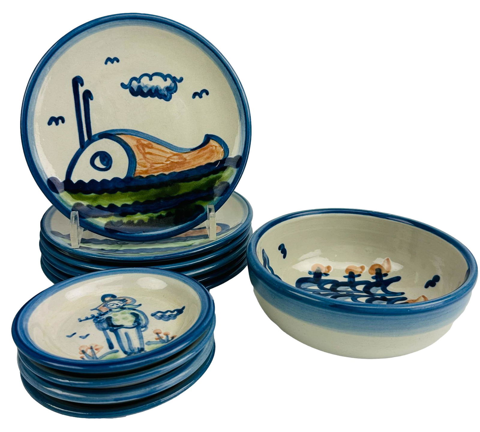 Hadley Pottery Whale Ship Plate Coaster Bowl LOT: 11 piece studio Handcrafted and hand painted American folk art stoneware pottery by M A Hadley of Louisville, Kentucky. Circa 1939 to present. Includes 6 bread and butter plates with a whale motif. 1