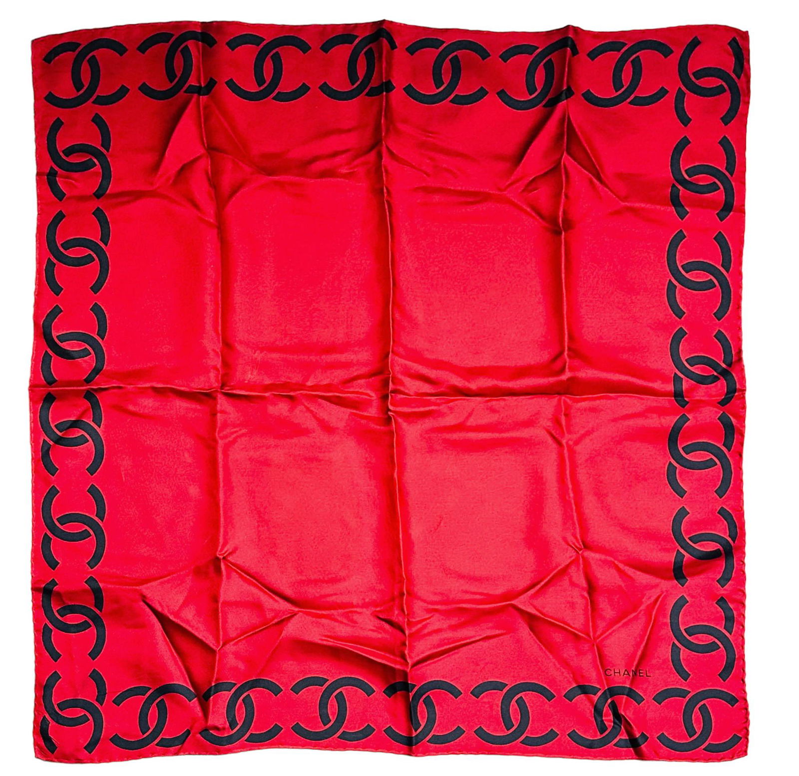 Chanel Black CC Monogram Logo Red 100% Silk Scarf (1 of 2)
