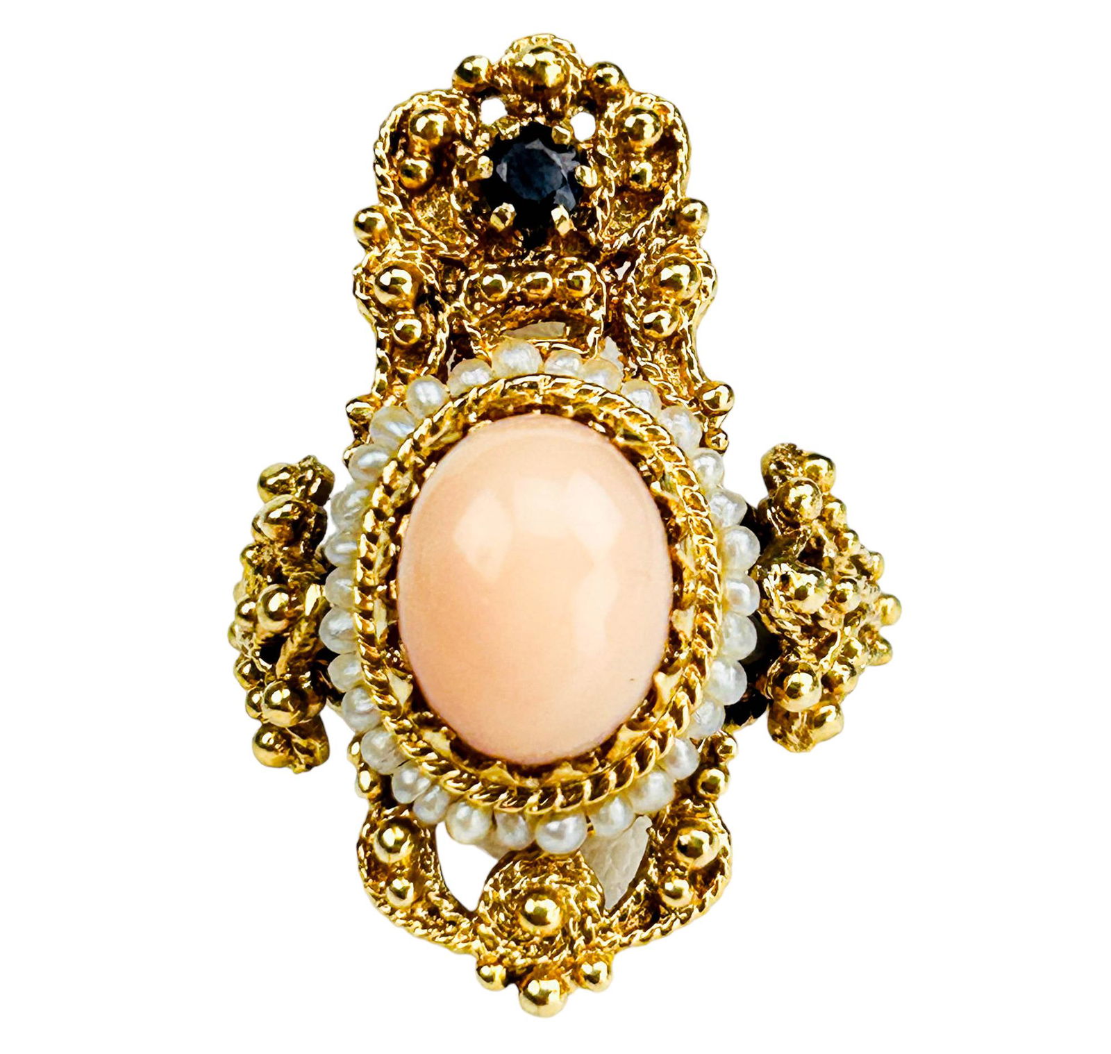14K Gold Coral Seed Pearl Romantic Revival Ring S6 (1 of 3)