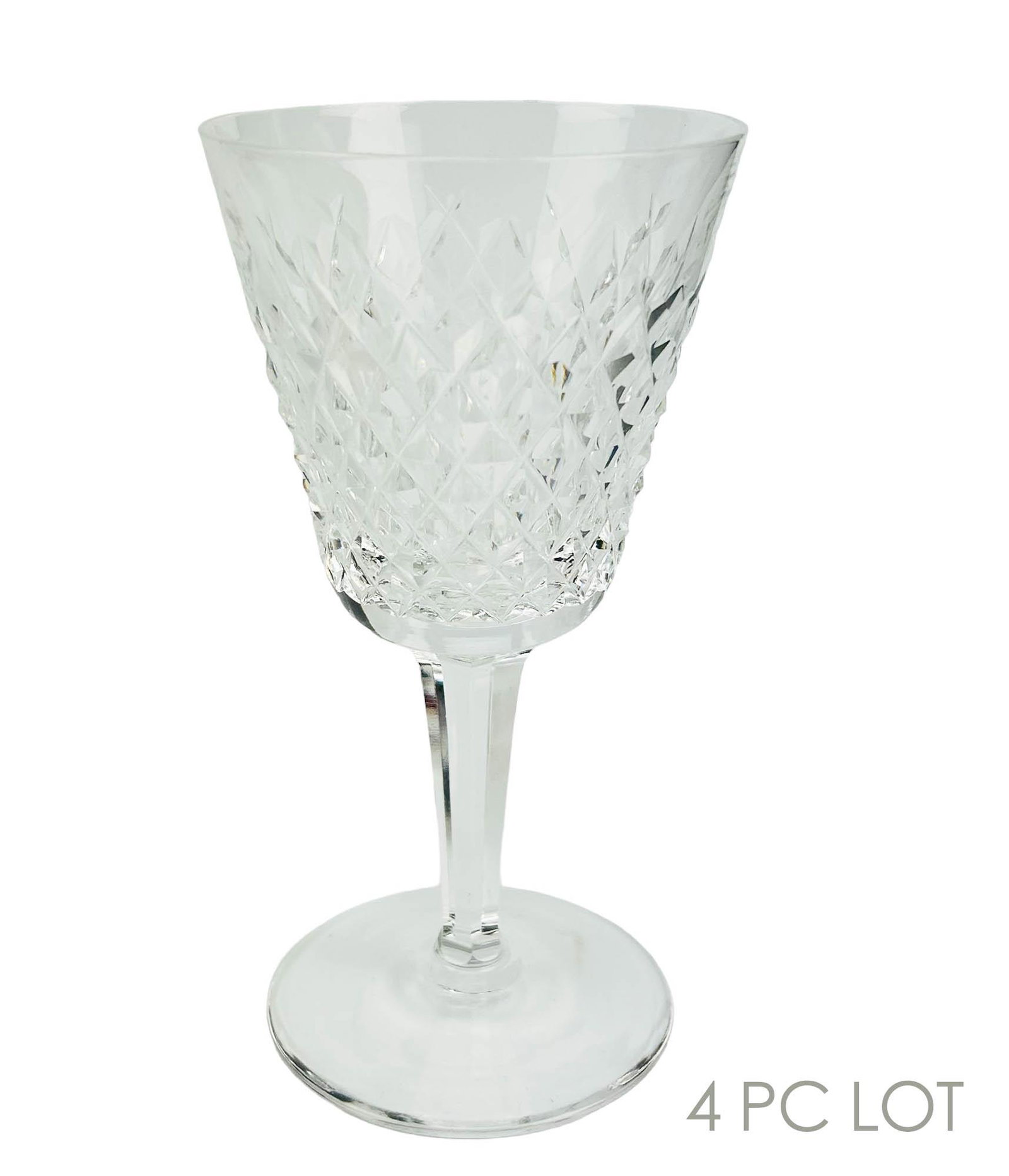 Waterford Crystal Alana Claret Wine Goblet 4pc LOT: Waterford Ireland Irish cut crystal bar barware claret wine art glass goblets. Modeled in the Alana pattern. Production years : 1952 - 2022. Design features a diamond quilted pattern to the body over 