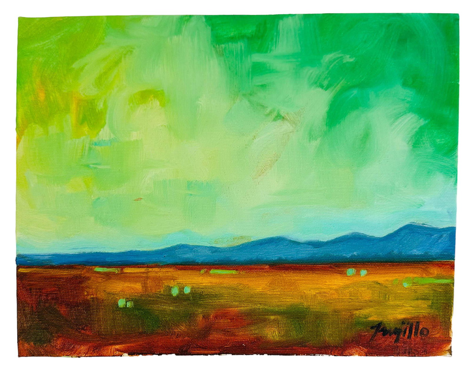 Jose Trujillo b1982 Impressionist Oil Painting: Jose Trujillo ( American, born 1982 ). This work of art on artist board depicts a desert mountain landscape. Being sold as unframed. Work measures 8 7/8" x 12". Signed lower right as well as on verso,