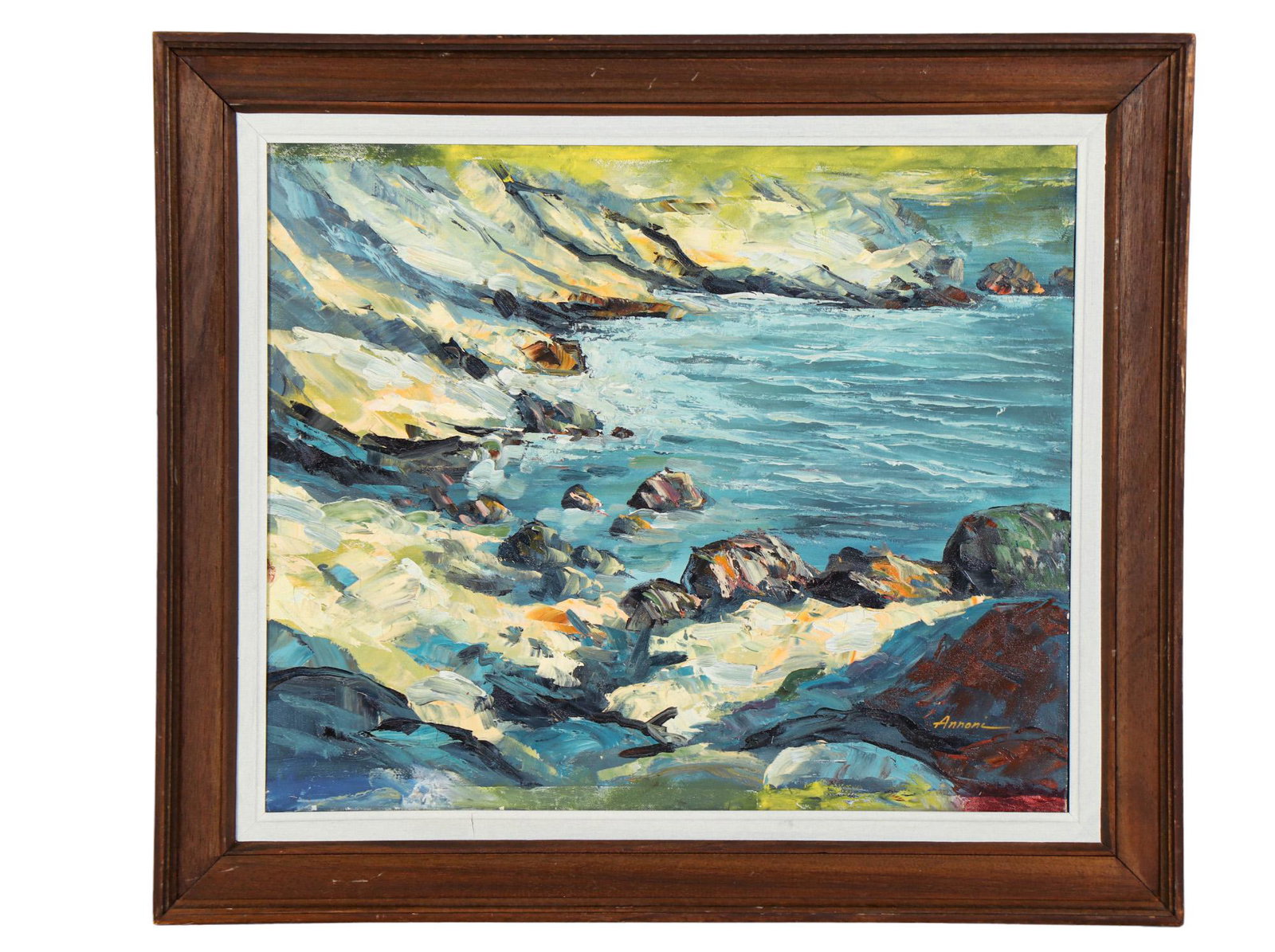 20th C Impressionist Seascape Oil Painting SIGNED: This oil on canvas painting features blue and white oceanic waves crashing against a coastal shoreline. Signed lower right. Gallery framing label on verso. Art presented in a dark colored wood frame. 