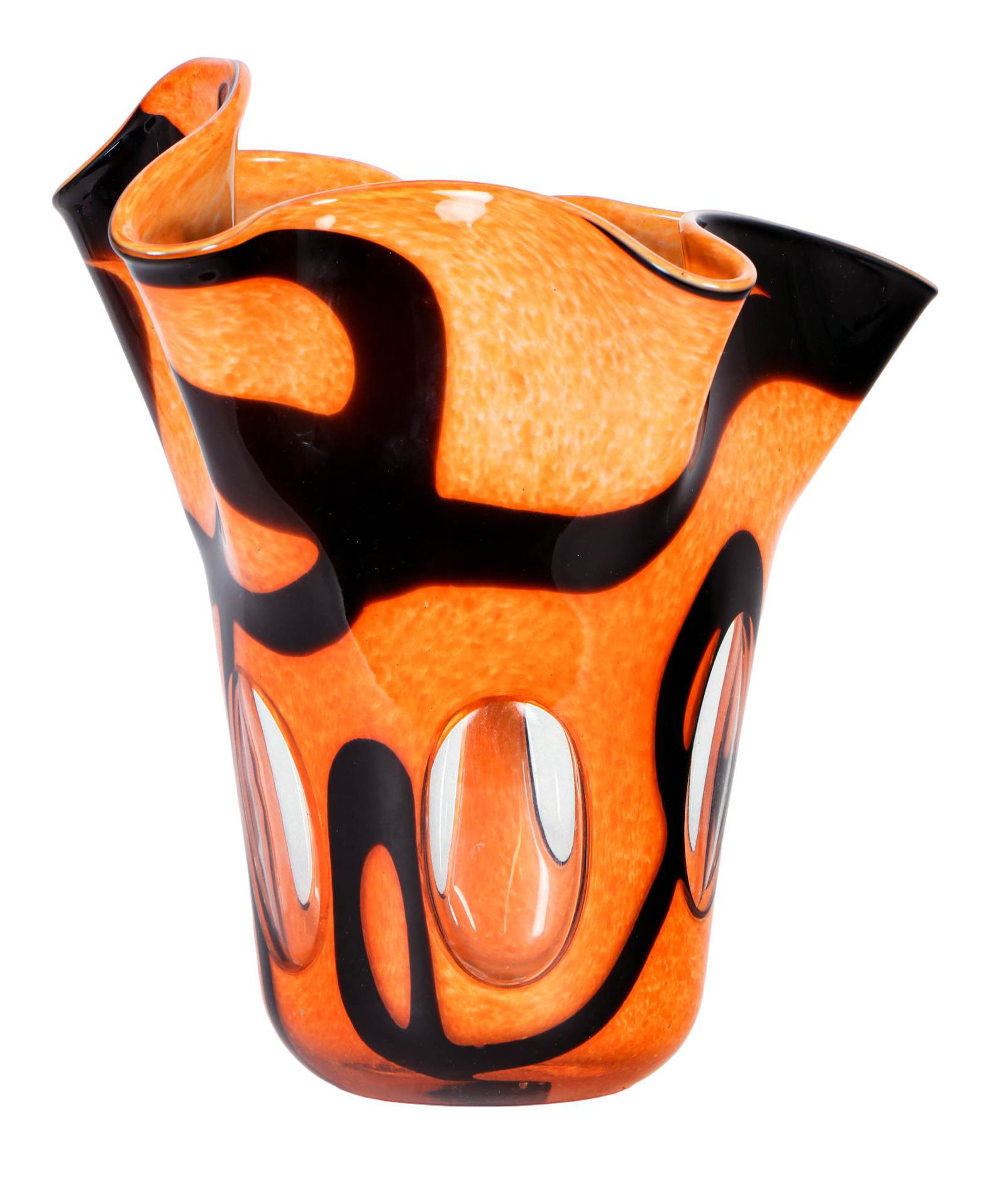 Murano Orange Black Studio Glass Ruffled Vase 13" (1 of 4)