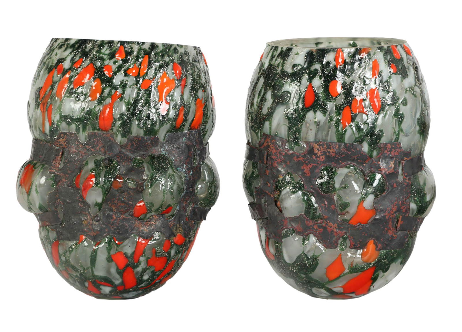 Brutalist Mixed Media Metal & Art Glass Vases PAIR (1 of 4)