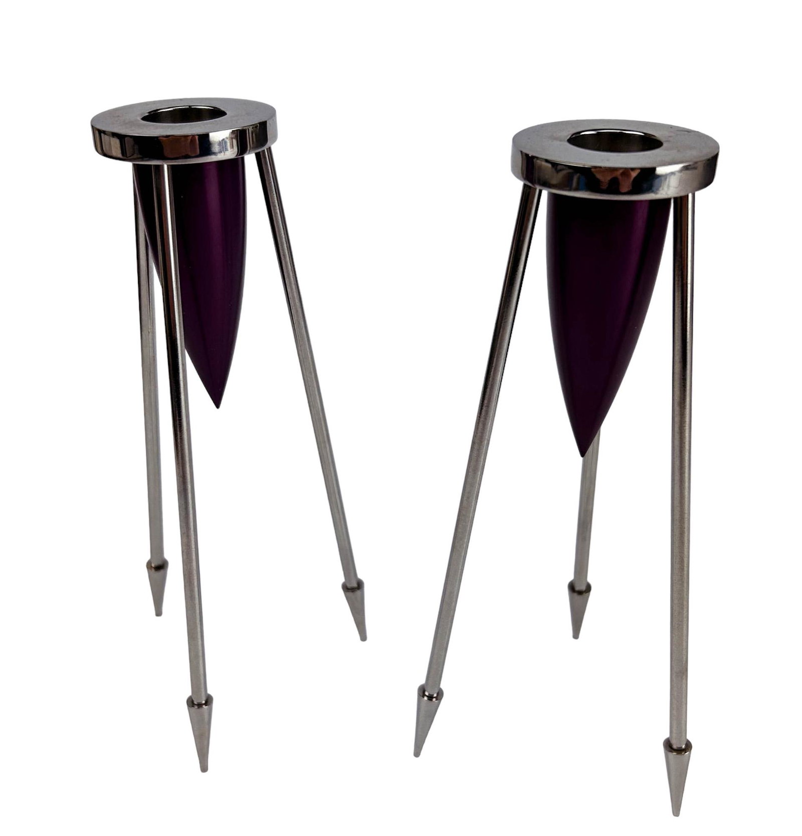 Laura Cowan Steel Rocket Judaica Candle Holders PR: Laura Cowan ~ contemporary Judaica designer and Jewish artist working from her design studio and workshop in Tel Aviv, Israel creating original handcrafted pieces. Candlesticks showcase a space inspir