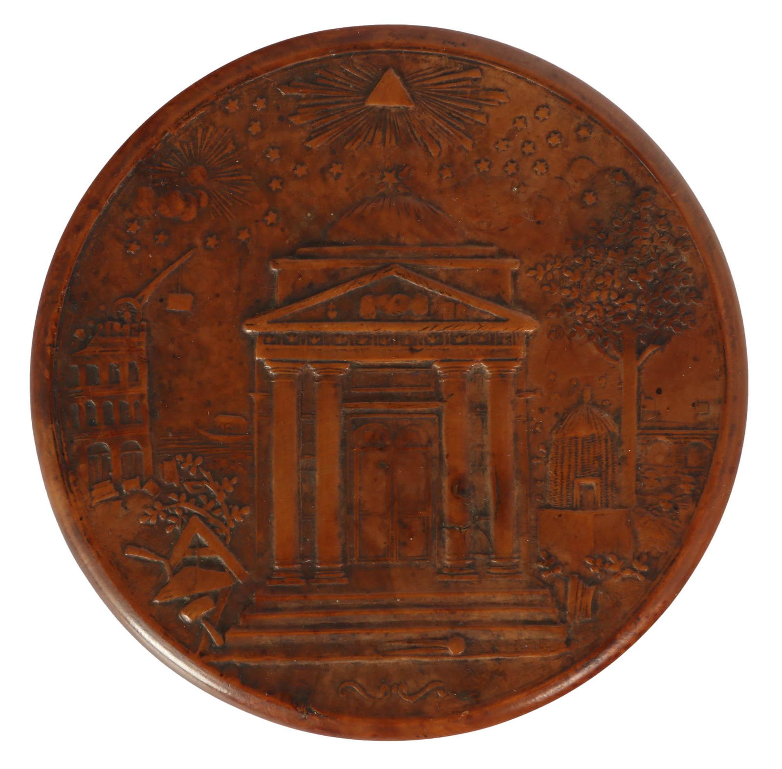 Antique Masonic Relief Pressed Burlwood Snuff Box (1 of 4)