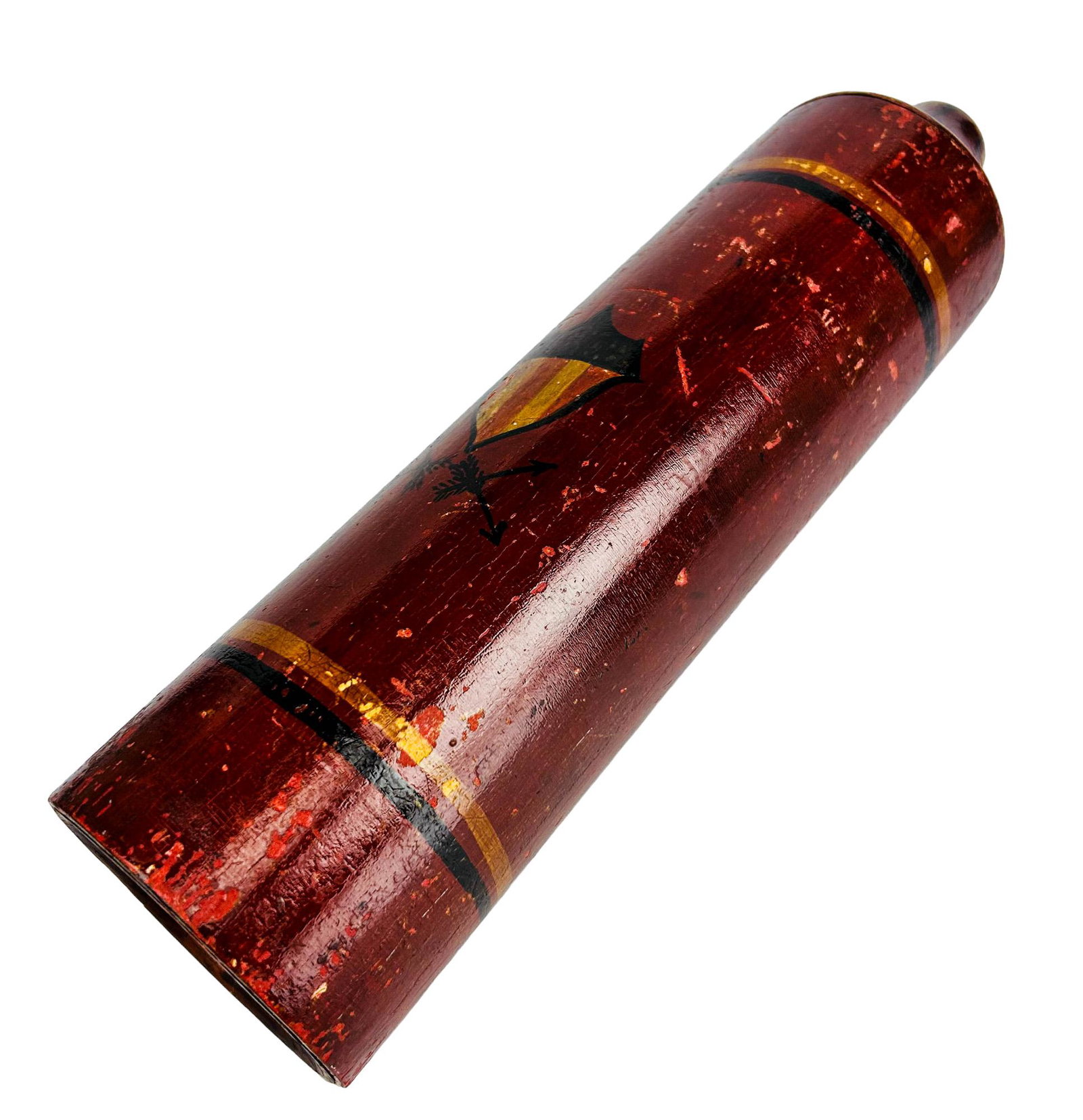 Folk Art Painted Paper Mache Table Kaleidoscope: 20th century Handcrafted and painted looking glass kaleidoscope. A shield and cross design featured on one side, the letter G in circle seen on the opposite side. Yellow and black colored markings on 