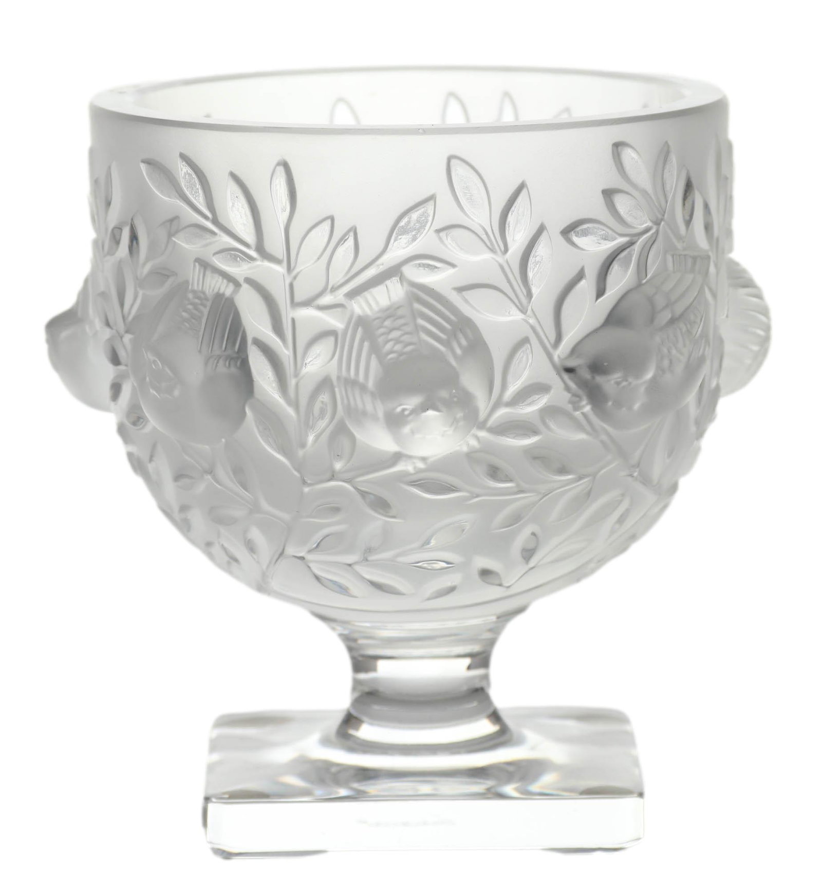 Lalique French Crystal Elisabeth Bird Bush Vase: Lalique crystal vase in the Elizabeth design. Adorned with Robin birds and flora in a frosted to clear crystal finish. Incised Lalique France signature to base. Dimensions: 5.5 X 5 X 5 in. Condition: