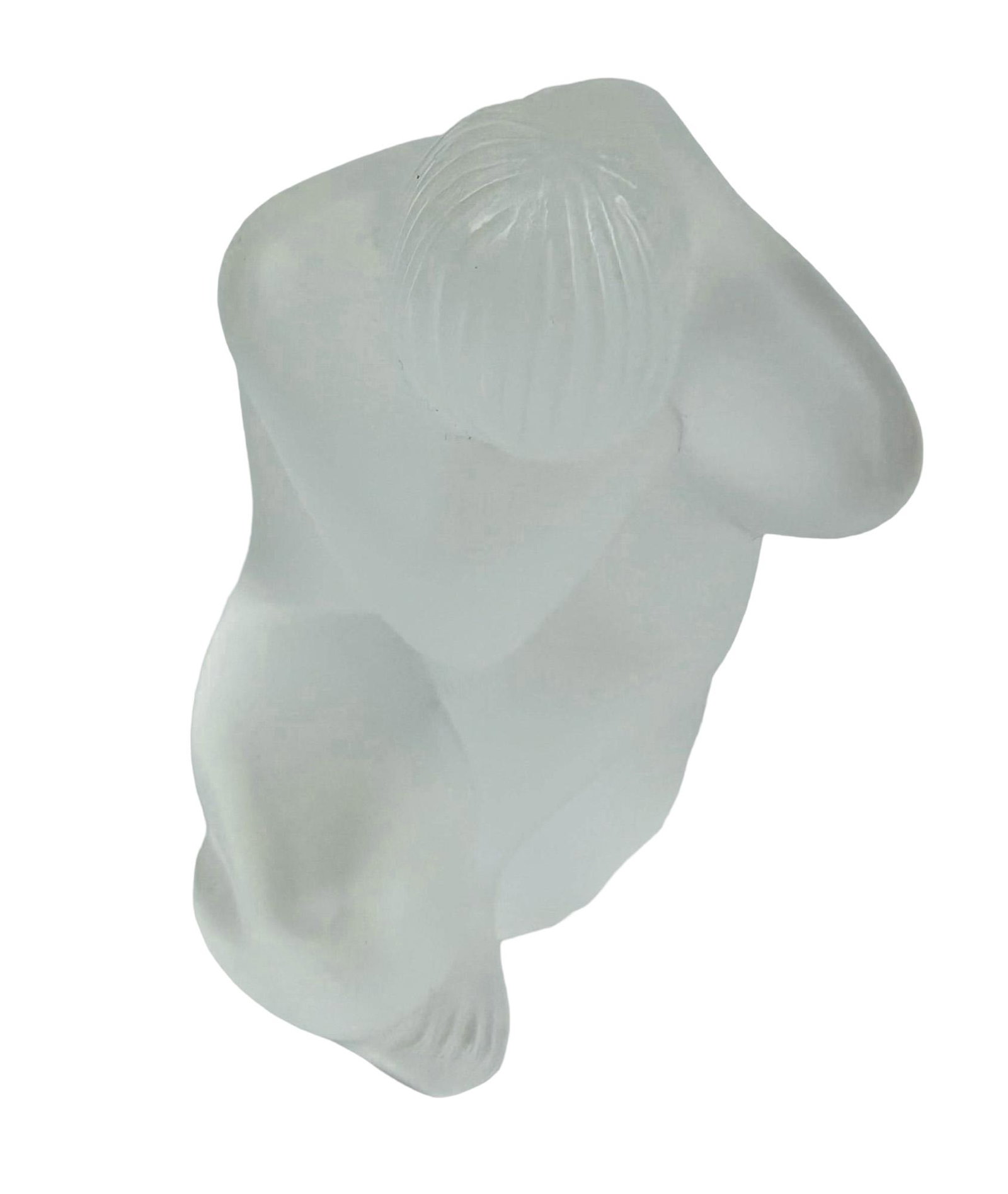 Lalique Nahbi Frosted Crystal Nude Glass Figurine: Late 20th century Lalique France French frosted art glass curio cabinet display figurine. Features this sensual nude in meditative yoga pose. Signed ~ engraved Lalique France 340 and Lalique Collector