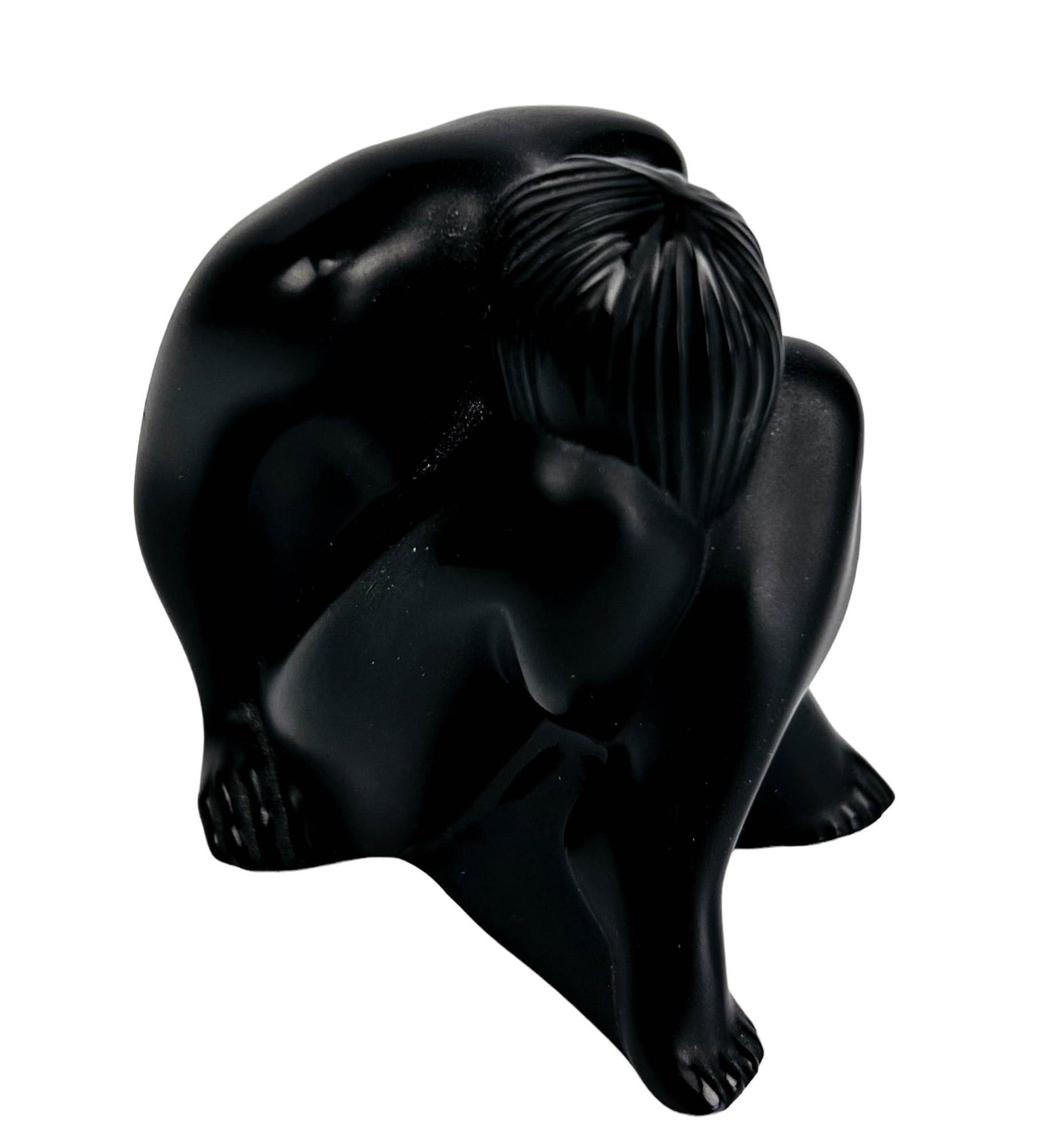 Lalique Nahbi Nude French Black Crystal Figurine: 20th century Lalique France French black crystal art glass curio cabinet display figurine. Titled : Nu Nabhi Noir". Features a seated nude in meditative yoga pose with sensual smooth and fluid lines. 