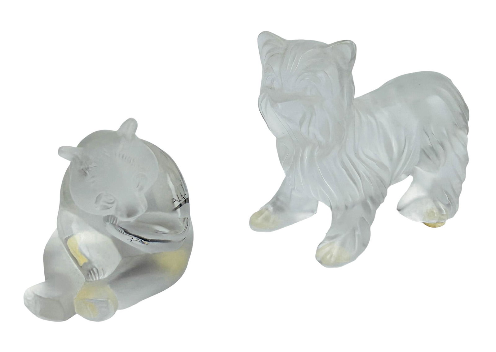 Lalique Terrier Dog & Panda Crystal Glass Figurine: 20th century Lalique France French frosted crystal art glass curio cabinet display figurines. Includes ~ 1 x Yorkshire Terrier K9 dog in standing attentive pose. 1 x seated Panda Bear. Measure from 2 