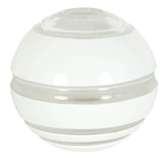Orrefors Bergstrom Clear & White Glass Ball Vase: Orrefors Studios Swedish art glass ball vase, by artist Lena Bergstrom. A sphere in form white cut to clear modernist design. Artist signed and numbered 917486, dated 1-20, Orrefors Studio to undersid