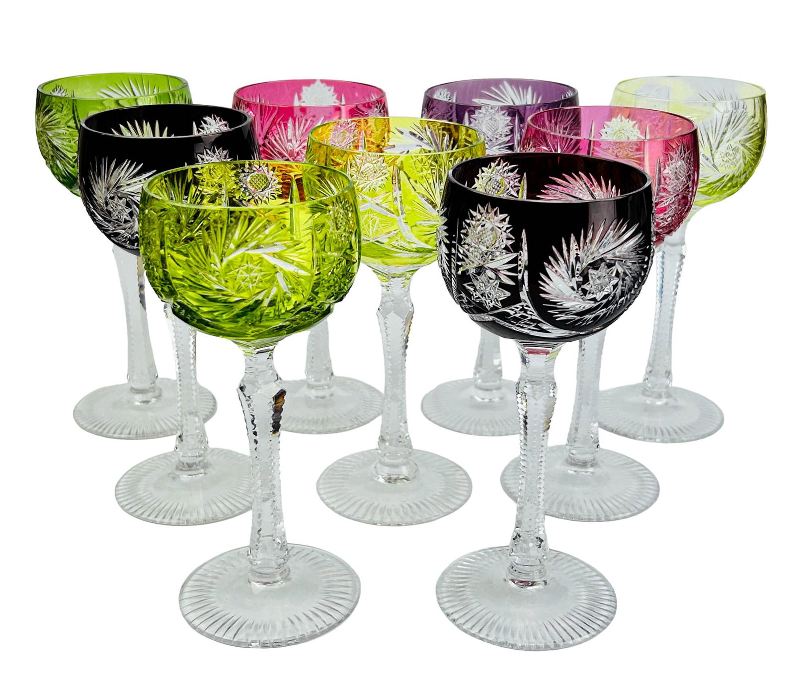 Bohemian Czech Cut Clear Crystal Wine Goblet 9pc: Estate lot of 9 bar barware wine glass goblets. Color on the bowls are lime, emerald green, pink, raspberry, and burgundy and feature cut pinwheel, hobstars and intersecting lines with saw tooth borde